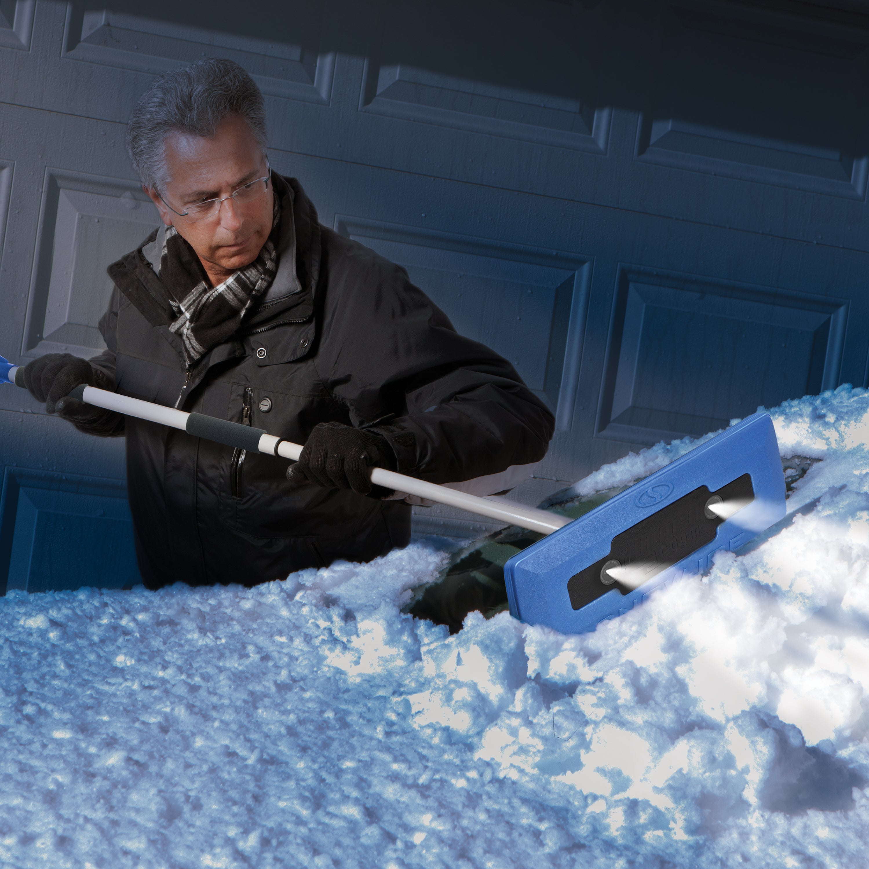 Snow Joe SJBLZD LED 4-in-1 Telescoping Snow Broom & Ice Scraper with 18-Inch Foam Head & Headlights (Blue) - Perfect for Car Windshield, Driveway & Winter Storm Cleanup