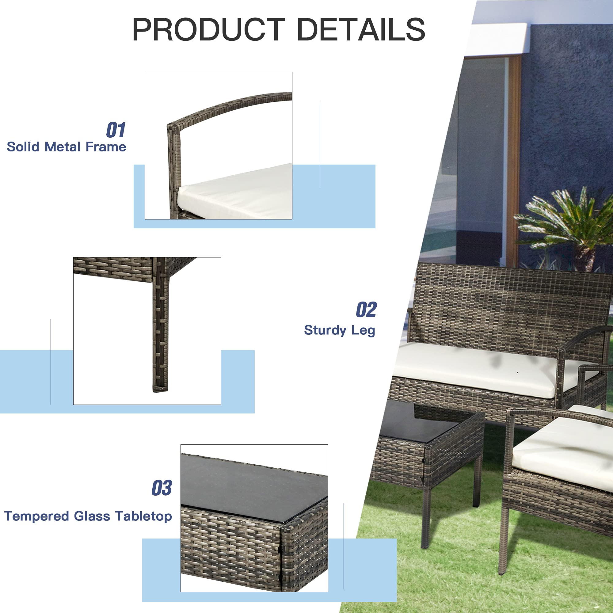 Outsunny 4-Piece PE Wicker Patio Furniture Set - Indoor/Outdoor Conversation Set with Chairs, Loveseat Sofa, Cushions & Glass Table - Light Gray - Perfect for Backyard, Sunroom, Poolside & Garden Relaxation