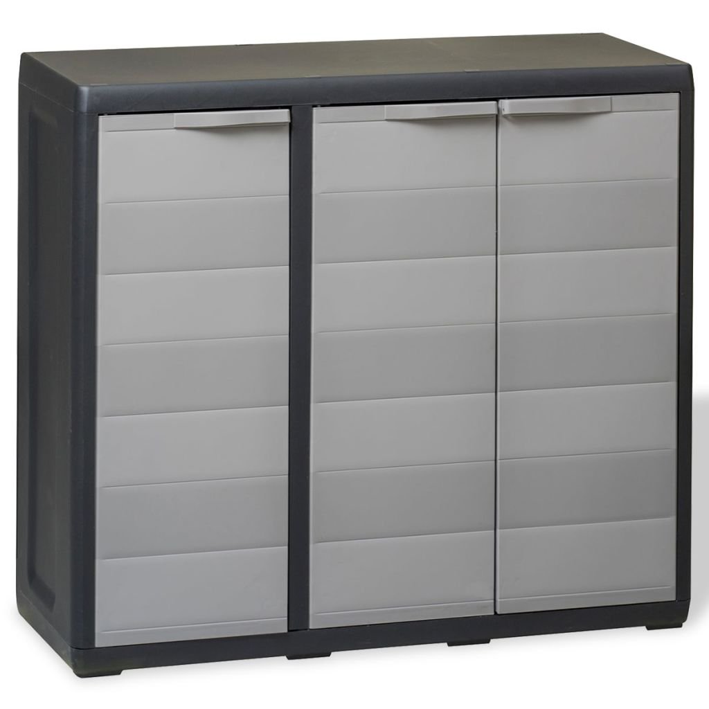 Outdoor Garden Storage Cabinet with 3 Doors & 2 Adjustable Shelves - Black & Gray Patio Tool Organizer (38.2