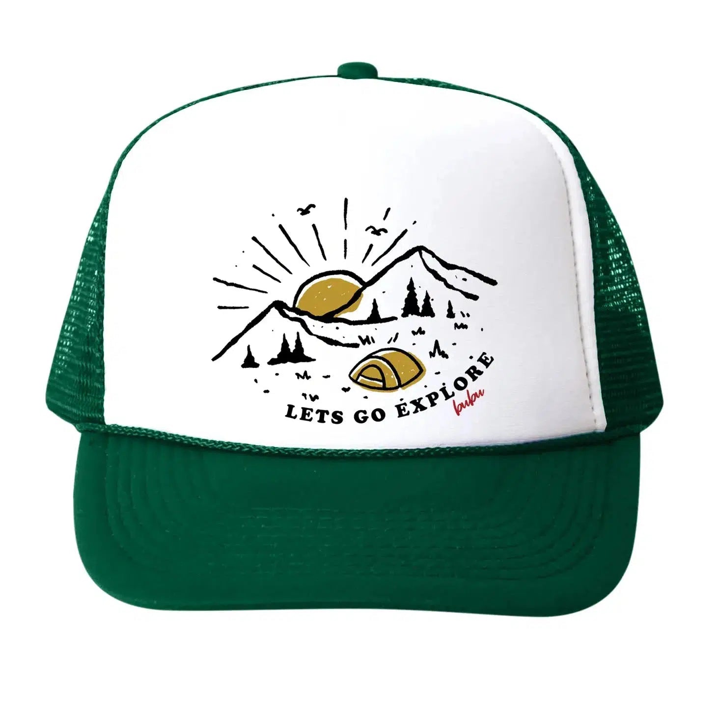 Bubu Green & White Trucker Hat - Let's Go Explore - Perfect for Outdoor Adventures, Hiking & Travel