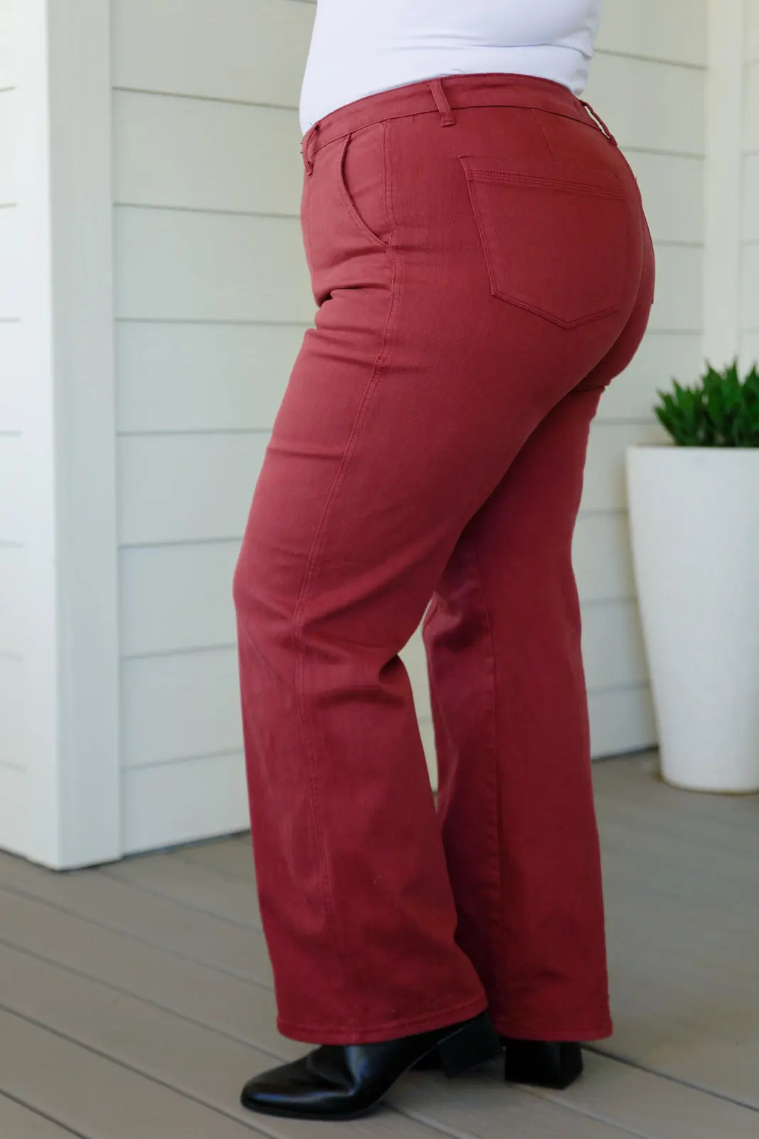 Phoebe High Rise Front Seam Straight Jeans in Burgundy - Women's Slim Fit Stretch Denim Pants for Casual Wear & Everyday Outfits