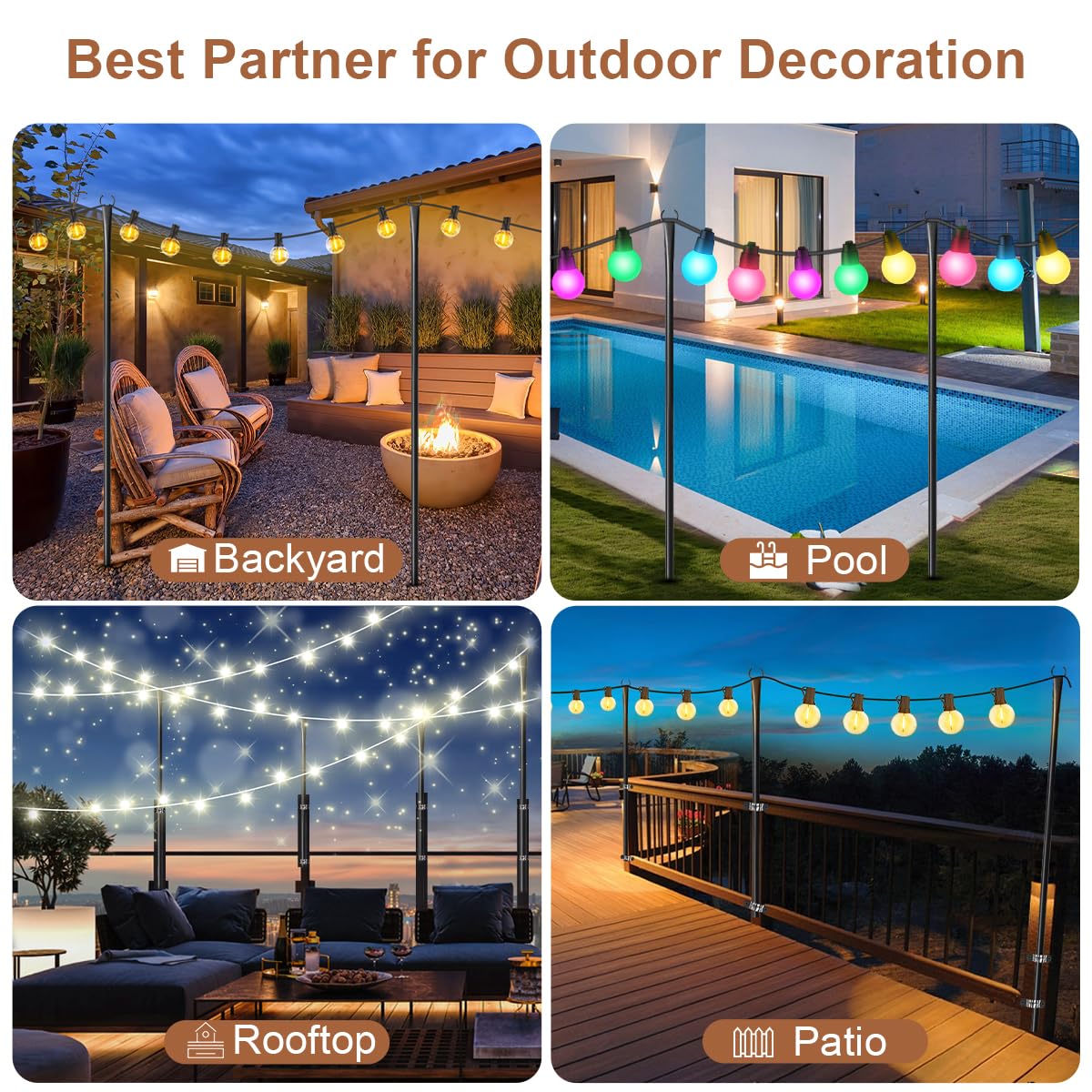 4 Pack 10ft Heavy-Duty Metal Outdoor String Light Poles with Fork - Adjustable Lighting Stand for Patio, Backyard, Pergola, Garden, Deck & Camping Parties | Weather-Resistant for Year-Round Use