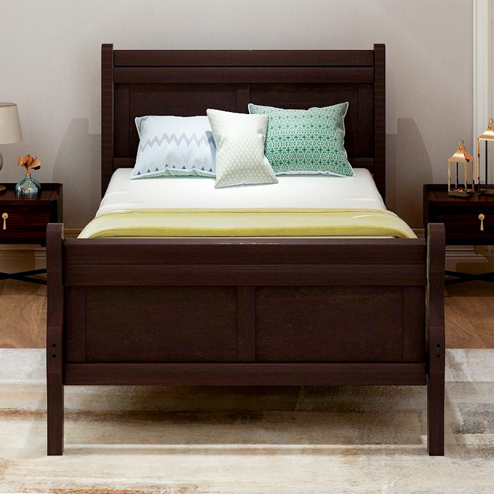 Rustic Twin Platform Bed Frame with Headboard & Footboard - Solid Wood Bedroom Furniture in Espresso Finish | Perfect for Guest Rooms, Kids' Rooms & Small Spaces