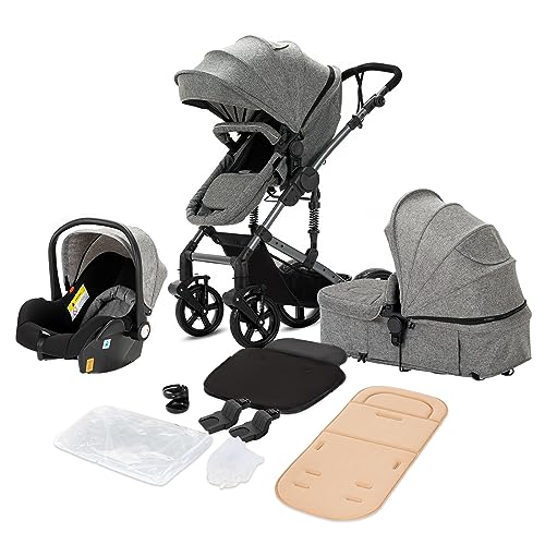 3 in 1 Baby Travel System - Lightweight Aluminum Frame Stroller with Portable Folding Design for Newborns | Standard Pram & Carriage | Perfect for Shopping, Travel & Outdoor Walks (Grey-1, Without Base 588)