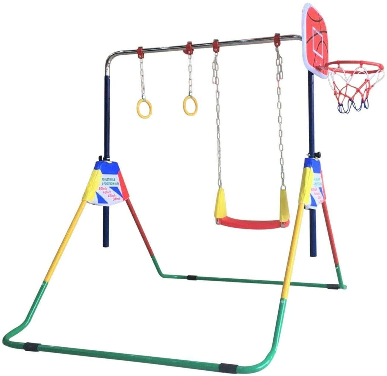 4-in-1 Kids Gymnastics Bar Set with Horizontal Bar, Kip Bar, Monkey Bars & Deluxe Swing - Includes Trapeze Rings, Basketball Hoop & 3 Mini Balls for Indoor/Outdoor Playground & Backyard Fun