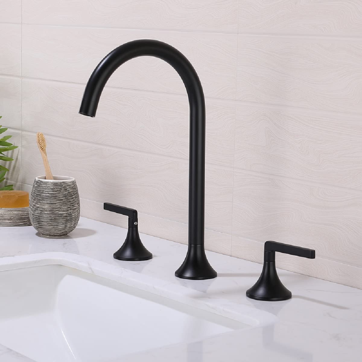 BULUXE 3 Hole Black Deck Mount High Arc Widespread Bathroom Faucet with Aerated Spout - Modern Sink Faucet for Bathroom Vanity, Powder Room & Guest Bath - Perfect for Home Renovation & Luxury Bathroom Upgrade