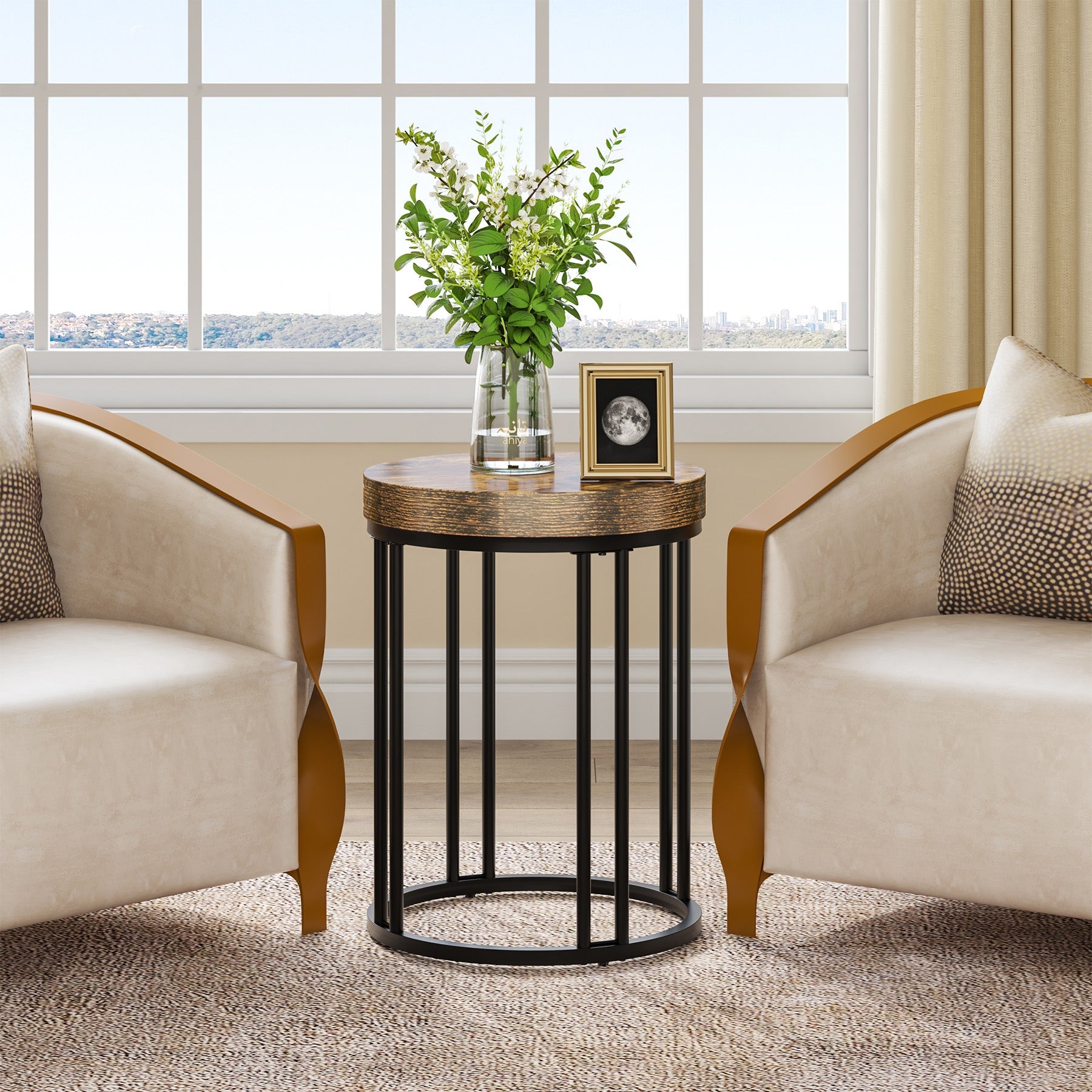 Round End Table - Small Accent Side Table with Sturdy Metal Frame for Living Room, Bedroom & Office Decor | Modern Side Table for Coffee, Books & Plants