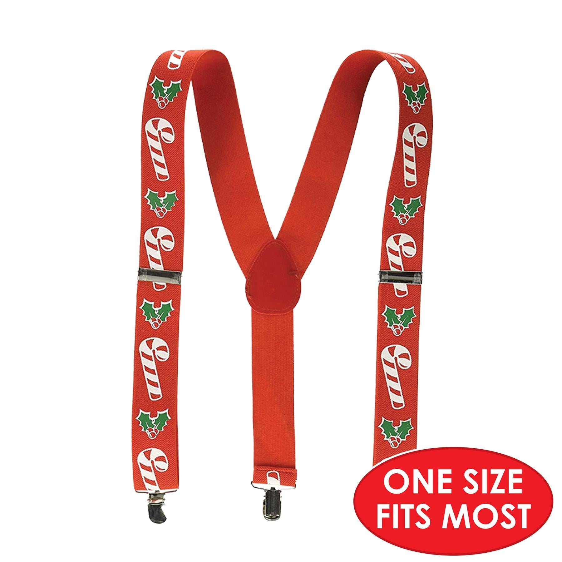 12 Pack Beistle Christmas Candy Cane & Holly Suspenders - Festive Holiday Party Accessories for Christmas Costumes, Office Parties & Family Gatherings