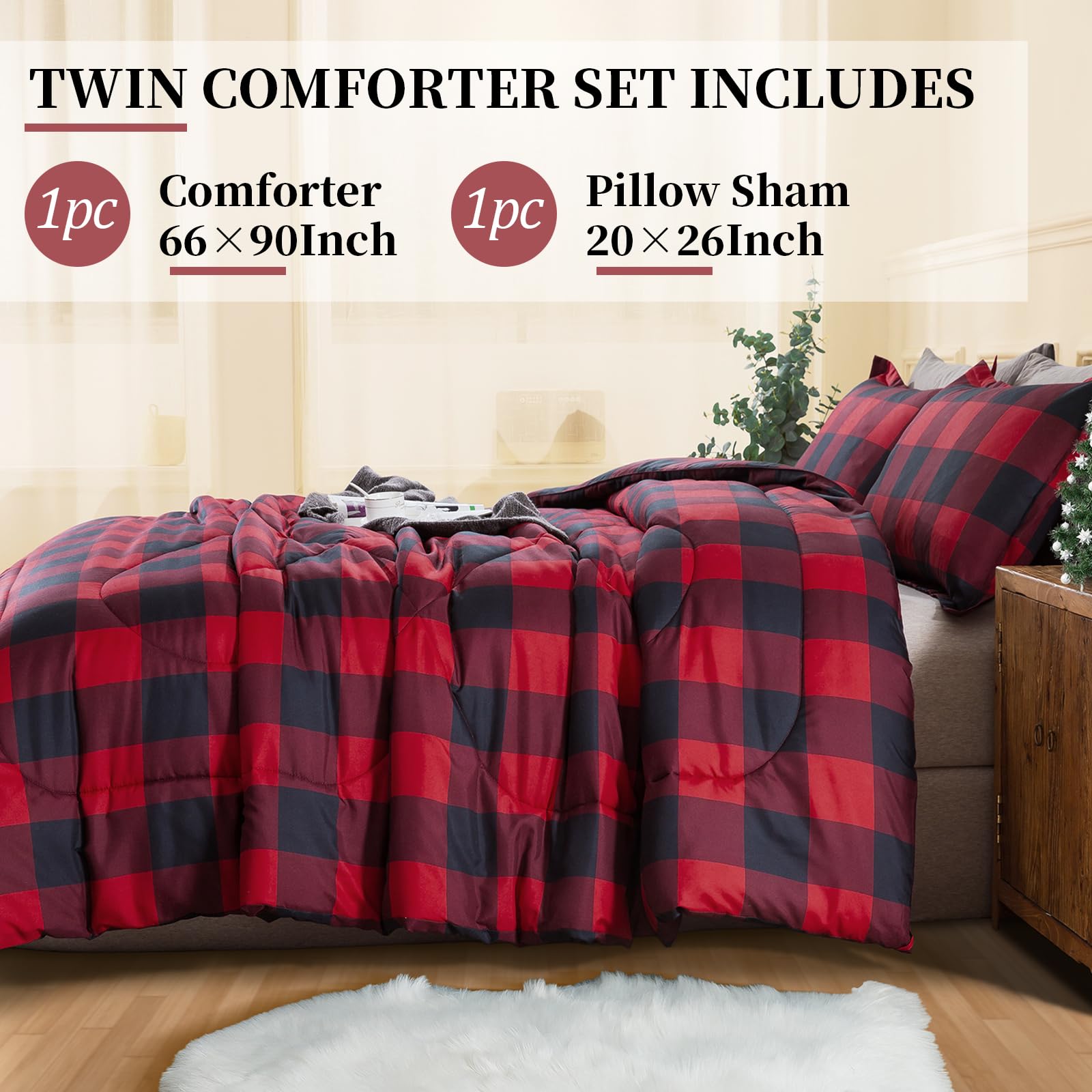 Red Burgundy Black Checkered Twin Comforter Set - 66x90 Inch Lightweight Microfiber Plaid Bedding with Pillowcase | Buffalo Check Geometric Grid Design for Cozy Bedroom Decor