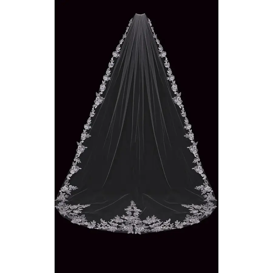 Elegant Cathedral Bridal Veil V2289C - Long Wedding Veil with Lace Trim for Bride, Perfect for Church Ceremony & Formal Wedding Photography