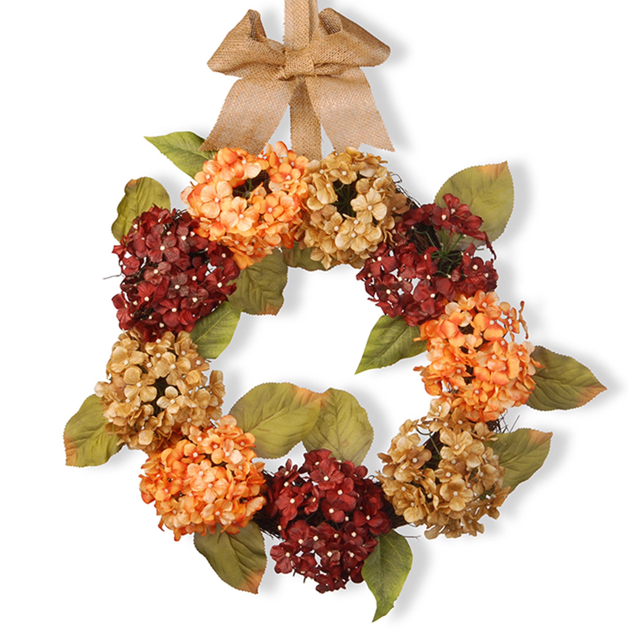 24 Inch Autumn Wreath with Hydrangeas & Elm Leaves - Rustic Burlap Ribbon Decor for Front Door, Thanksgiving, and Fall Home Decor