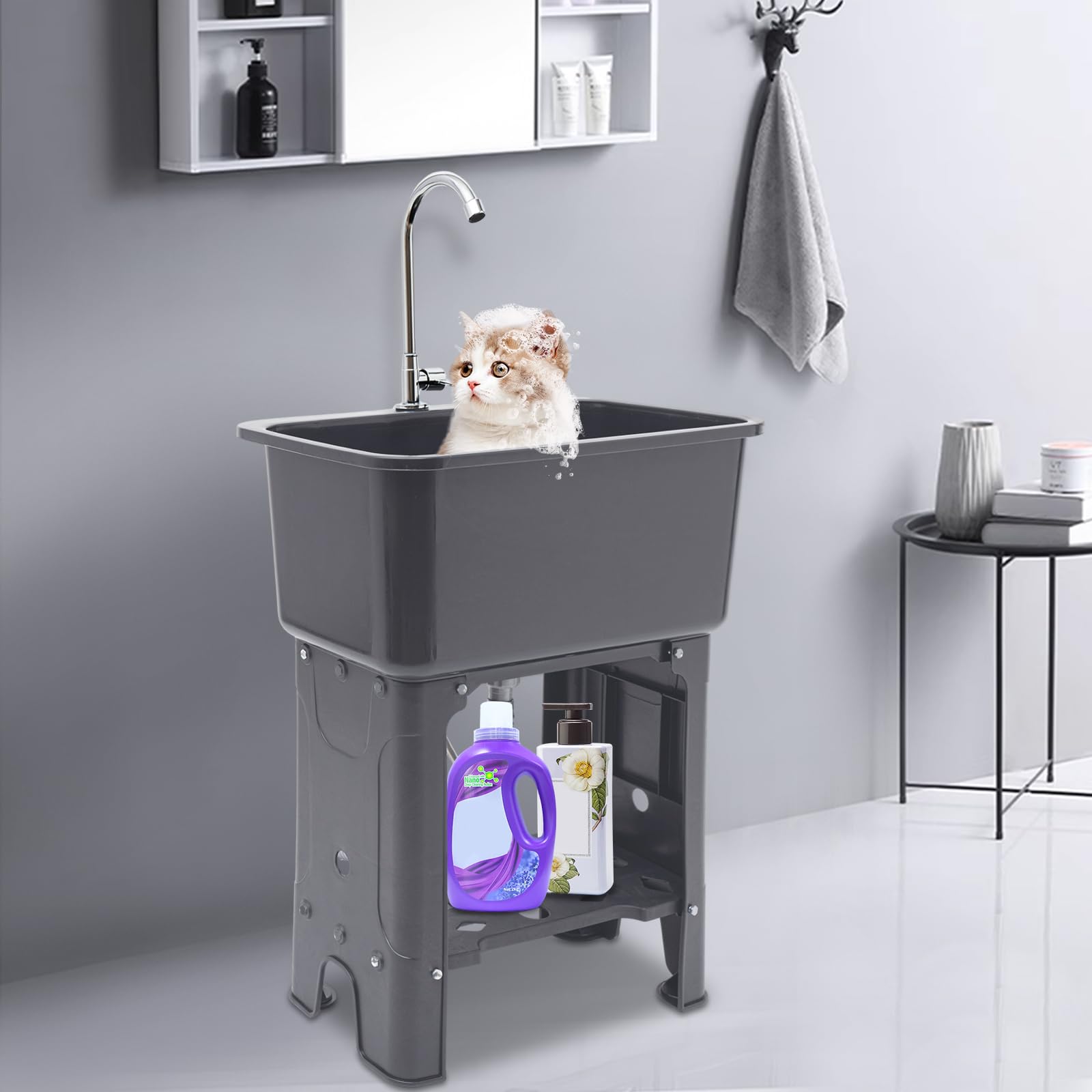 Freestanding Utility Sink with 360° Rotating Faucet & Storage Shelf - Heavy Duty Laundry Sink for Basement, Garage, Bathroom, Kitchen | Perfect for Washing Clothes, Cleaning Tools & Household Chores