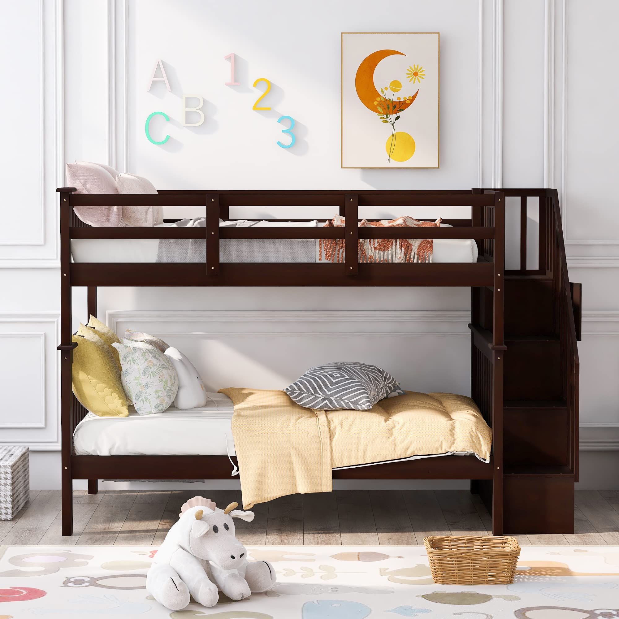 Harper & Bright Designs Twin Over Twin Bunk Bed with Stairs - Solid Wood Bunk Bed Frame with Storage & Guard Rail for Kids, Teens, Adults - Perfect for Bedroom, Dorm, Guest Room & Small Spaces (Espresso)