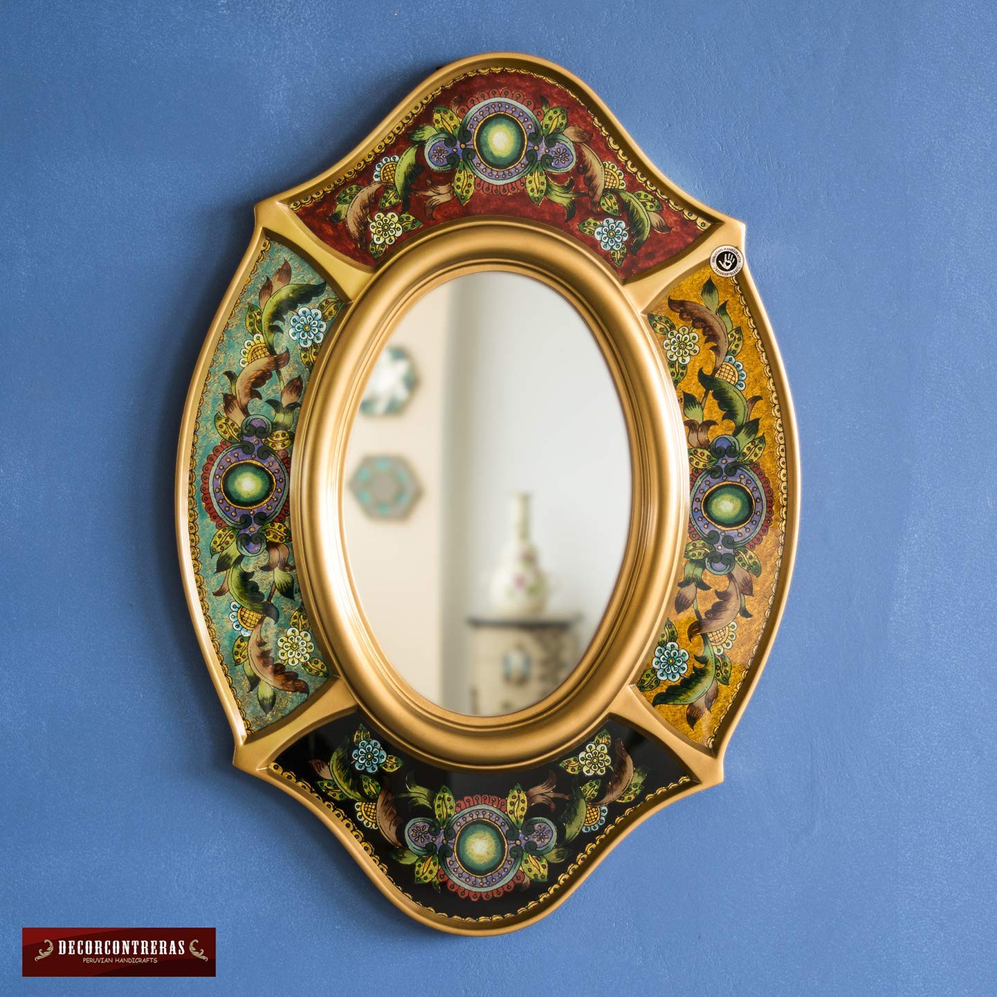 Handpainted Gold Wood Frame Oval Wall Mirror - Peruvian Ornate Decorative Accent Mirror for Living Room, Bedroom & Entryway Decor