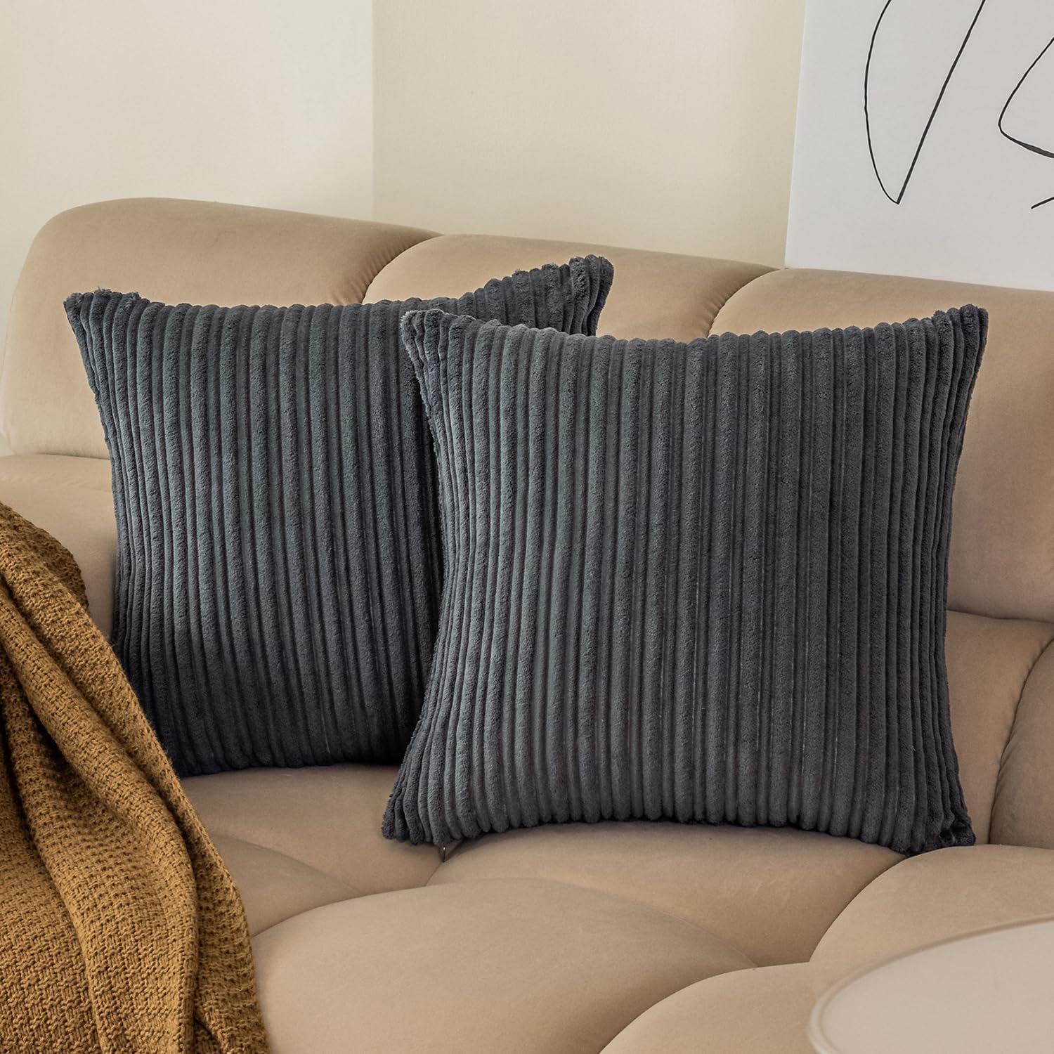 Kevin Textile 18x18 Inch Striped Corduroy Velvet Throw Pillow Covers Set of 2 - Dark Grey Euro Sham Cushion Covers for Sofa, Bed & Home Decor | Soft & Stylish Living Room & Bedroom Accent Pillows