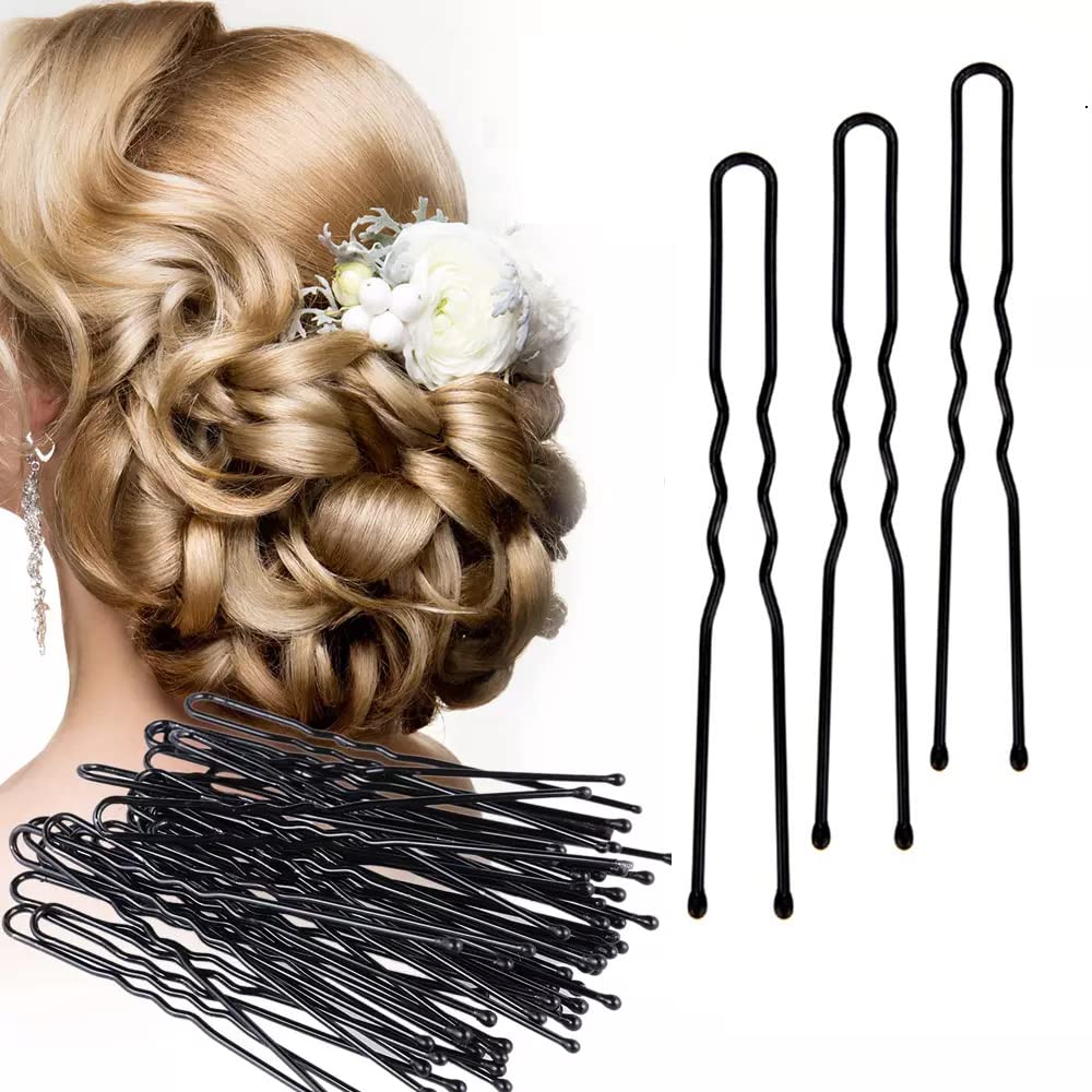 HRBS 12cm Long U-Shaped Bobby Pins for Women - 50pcs Black Hair Clips for Bun, Updo & Styling - Secure Hold Hair Accessories for Daily Use, Weddings & Professional Hairstyling