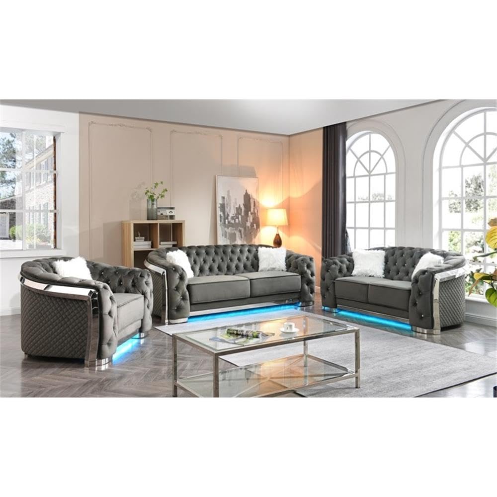 Glory Sapphire Gray Velvet Sofa with LED Accent Lighting - Modern LED Lighted Sectional Couch for Living Room, Lounge & Home Theater