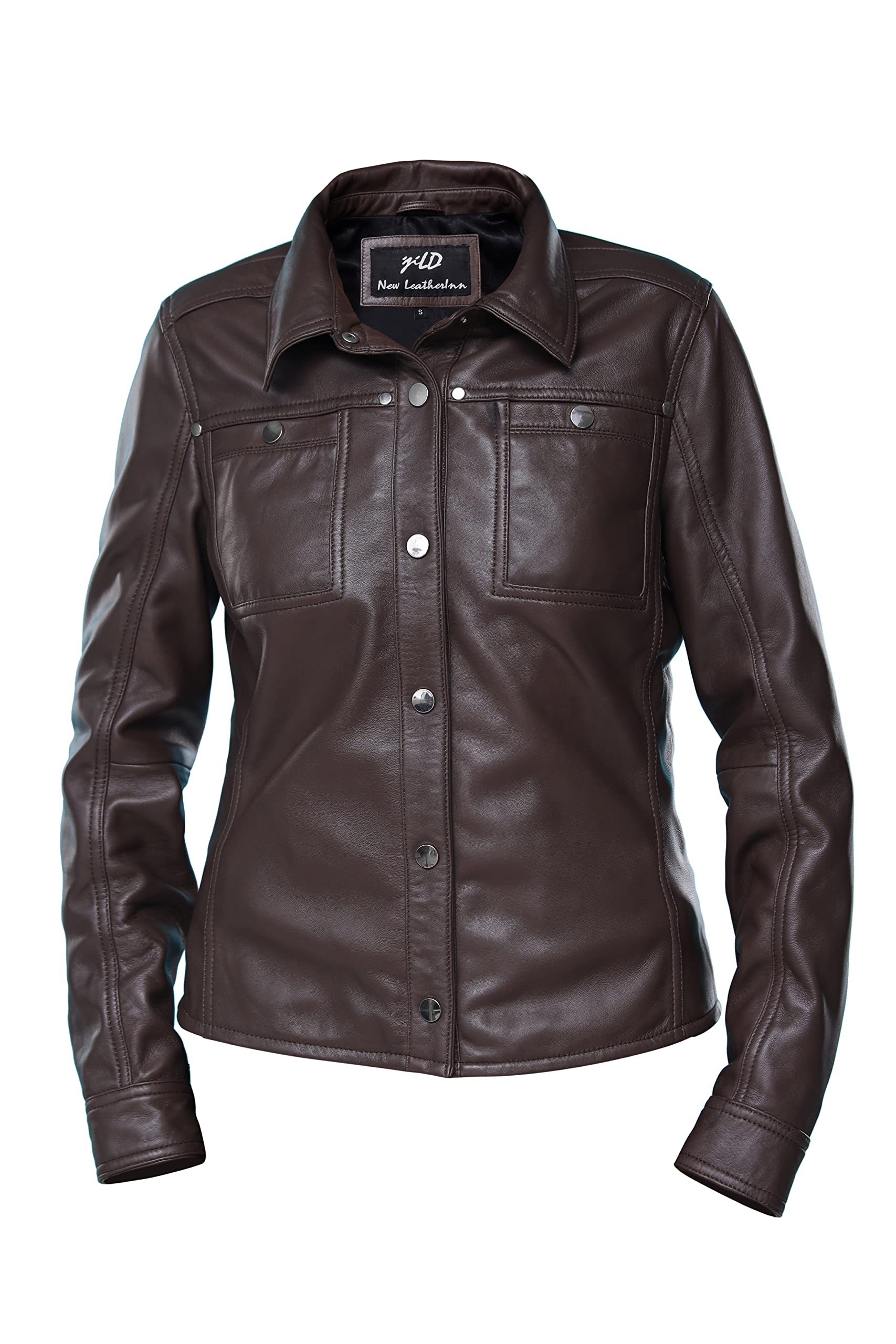 Jild Women's Button Front Lambskin Leather Jacket Shacket - Long Sleeve Casual Shirt Jacket with Bust Pocket | Perfect for Fall Layering, Date Nights & Office Wear