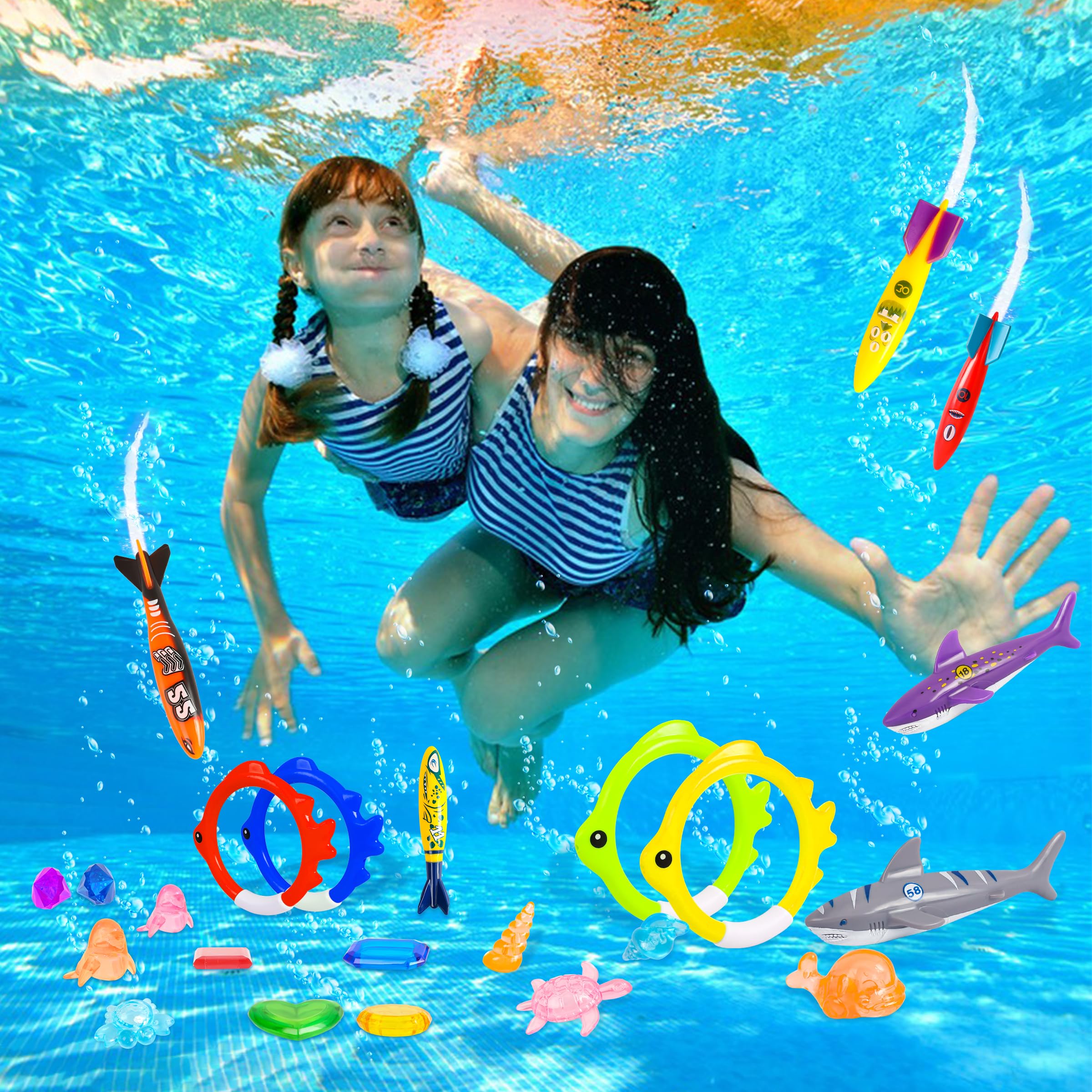 26 Pcs Diving Pool Toys Set for Kids - Swimming Pool Games with Storage Bag Includes Dive Rings, Torpedo Gems & Sea Animals - Perfect for Summer Swim Fun, Pool Parties & Water Play Activities