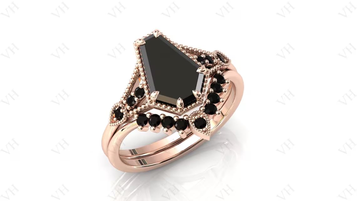3 CT Art Deco Coffin Shaped Black Onyx Engagement Ring Set - 18K Gold Vintage Wedding Band, Anniversary Jewelry Gift for Women - Perfect for Gothic Brides, Alternative Weddings & Dark Romance Lovers