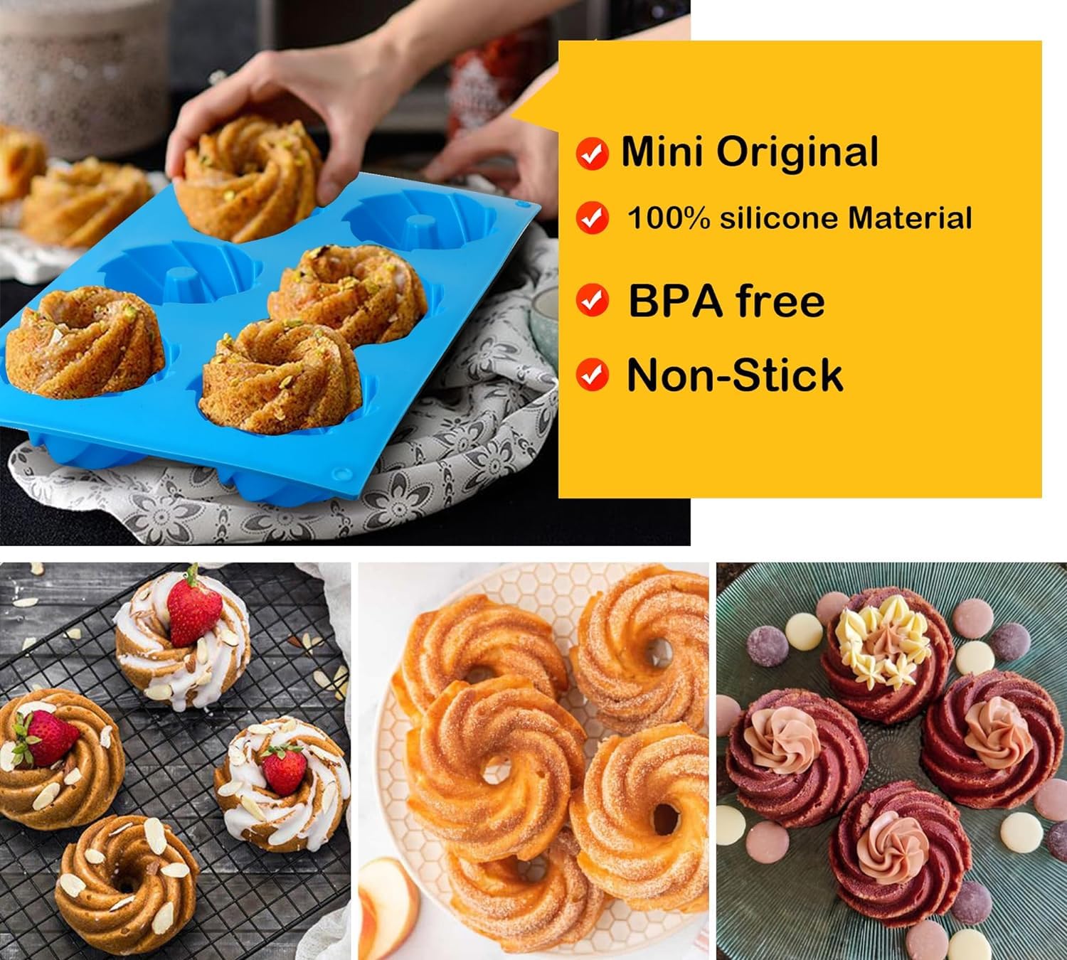 Skytail 6-Cavity Mini Bundt Silicone Mold - Nonstick Fluted Tube Cake Pan for Baking Chocolate Cake, Cupcakes, Donuts, Muffins & Brownies | Perfect for Birthday Parties, Holiday Desserts & Afternoon Tea Treats