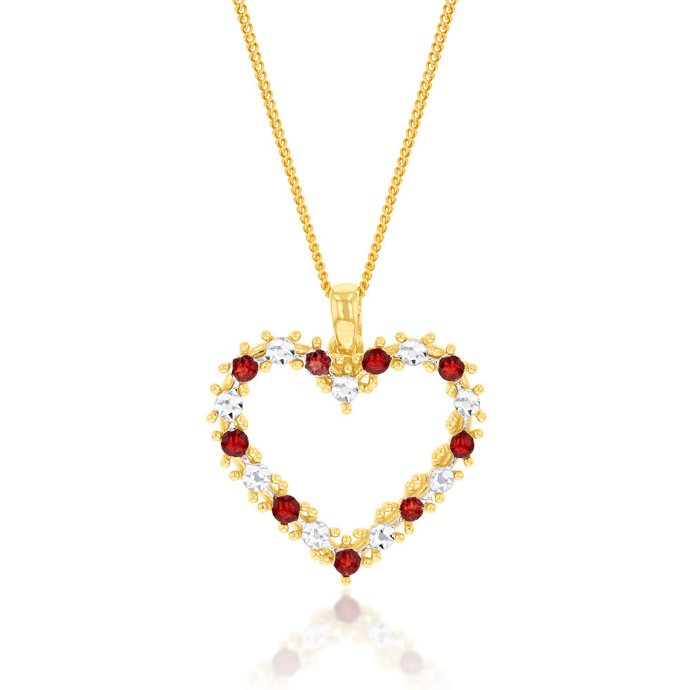 9ct Yellow and White Gold Two-Tone Red & White Open Heart Pendant Necklace - Perfect for Valentine's Day Gifts, Anniversary Presents, and Romantic Occasions