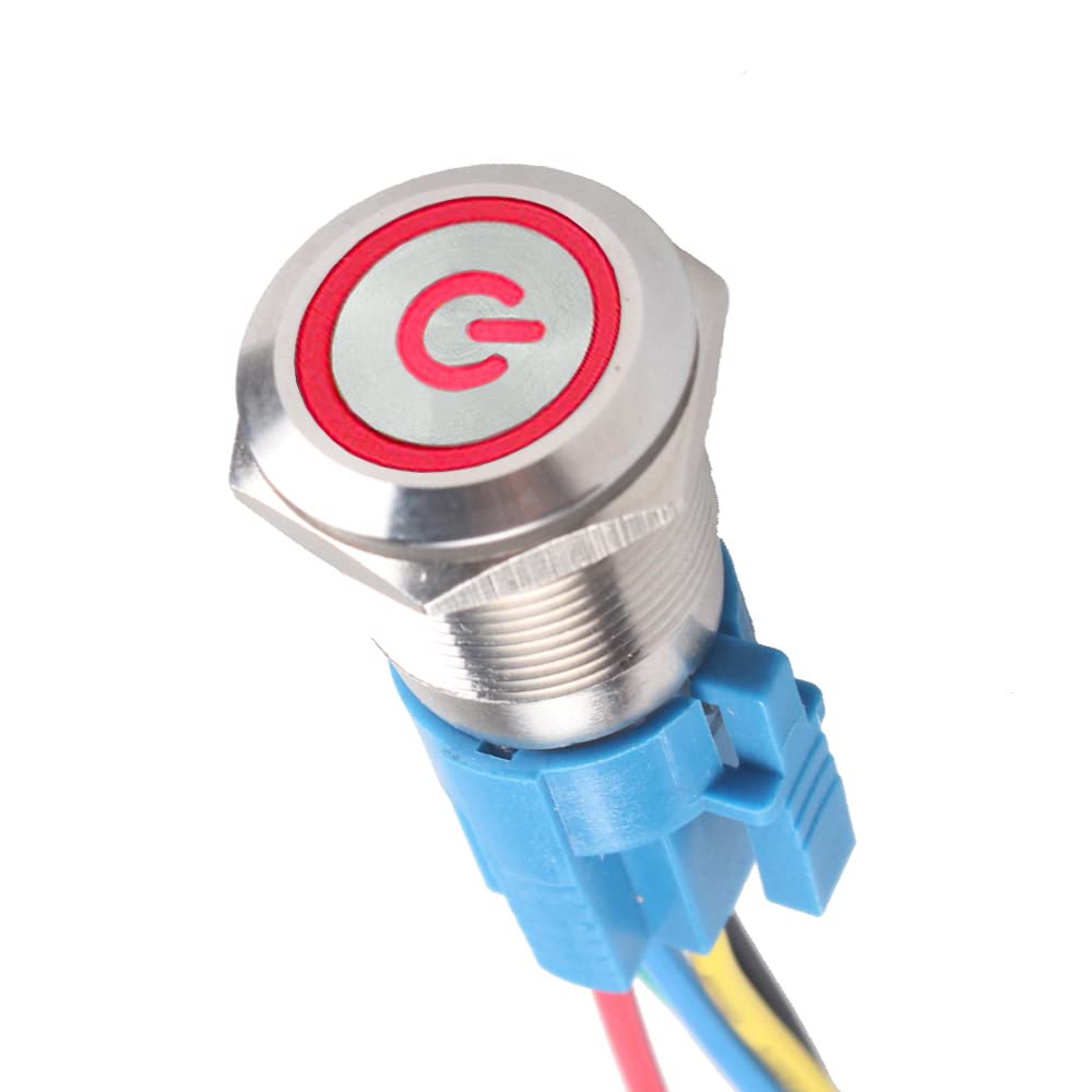 19mm 12V 5A Red LED Angel Eye Power Symbol Metal Push Button Toggle Switch with Socket Plug - Perfect for Car, Truck, Motorcycle & Marine Dashboard Controls