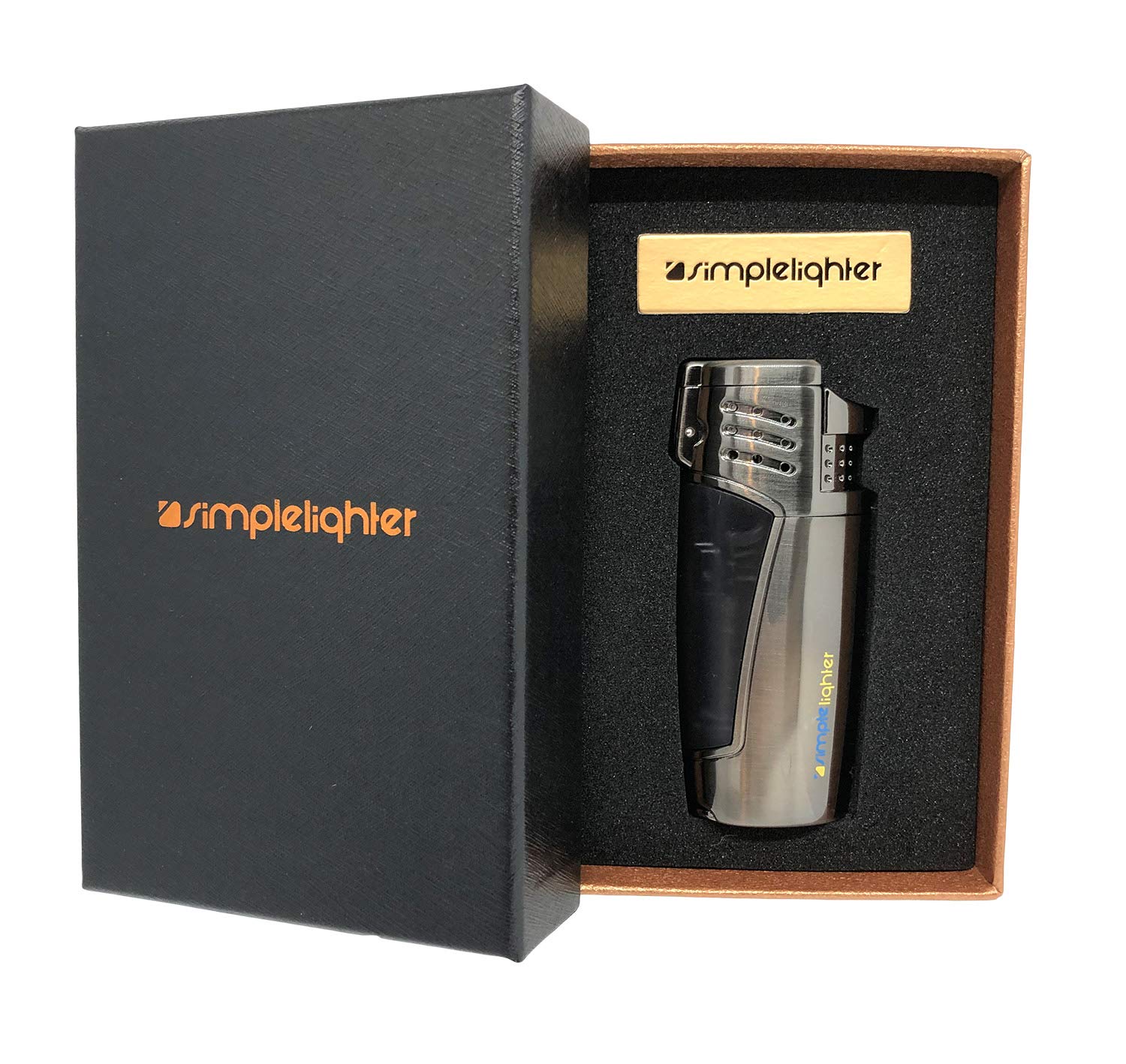 Refillable Butane Triple Torch Lighter - All Metal Body with Gift Box for Cigars & Outdoor Use