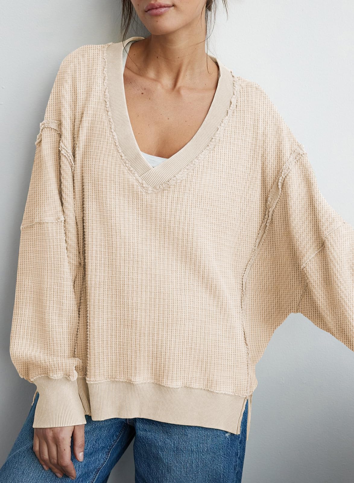 Miduo Women's Oversized Waffle Knit Sweatshirt - V Neck Long Sleeve Pullover with Reverse Seam & Side Splits | Casual Loungewear, Fall Winter Fashion, Cozy Outfit for Home & Outings