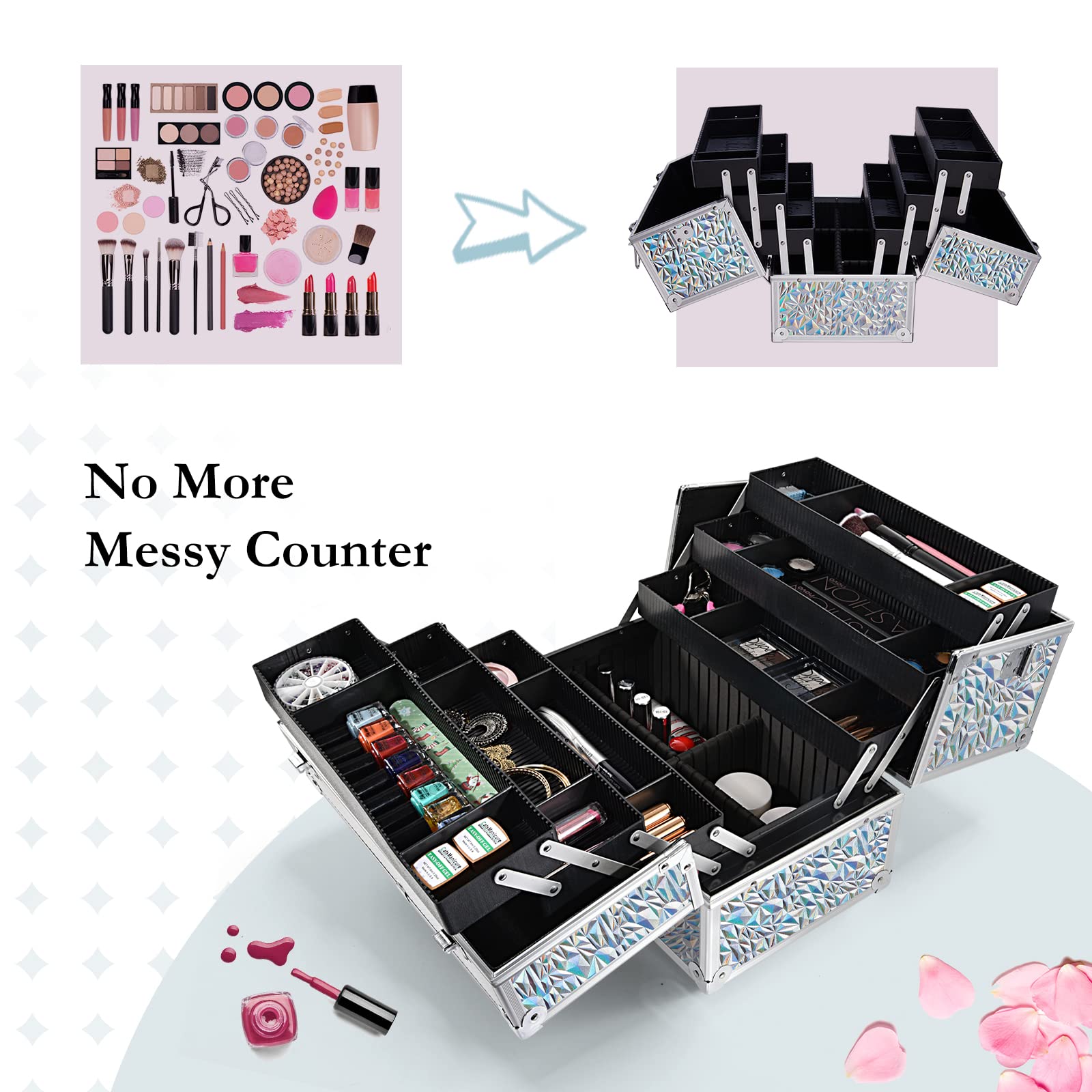 Professional Makeup Train Case with 6 Trays & Lock - Large Cosmetic Organizer Box for Artists & Stylists | Adjustable Dividers, Carrying Strap | Silver Holographic Iridescent Style | Perfect for Salon, Travel & On-Site Makeup Services