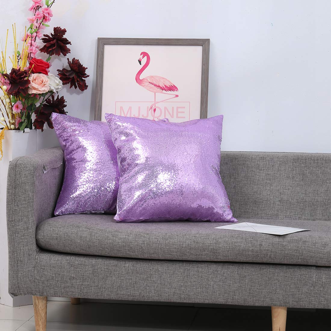 Lavender Sequin Decorative Pillow Covers Set of 2 - 18x18 Inch Sparkling Throw Pillow Covers for Sofa, Couch & Bed - Perfect for Living Room Decor, Home Accents and Gift Giving