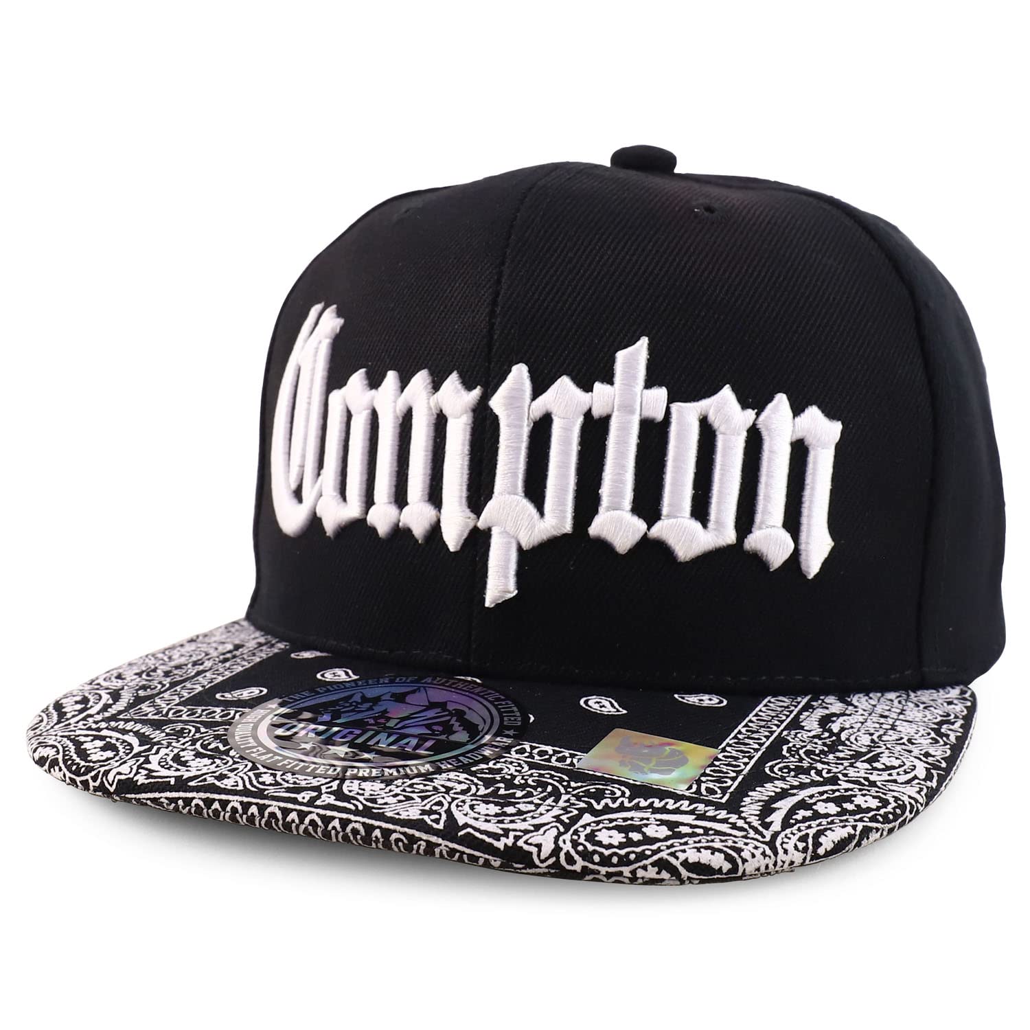 Trendy Old English Font Embroidered Bandana Flatbill Cap - Hip Hop Streetwear Snapback Hat for Men & Women | Perfect for Concerts, Parties, and Urban Fashion