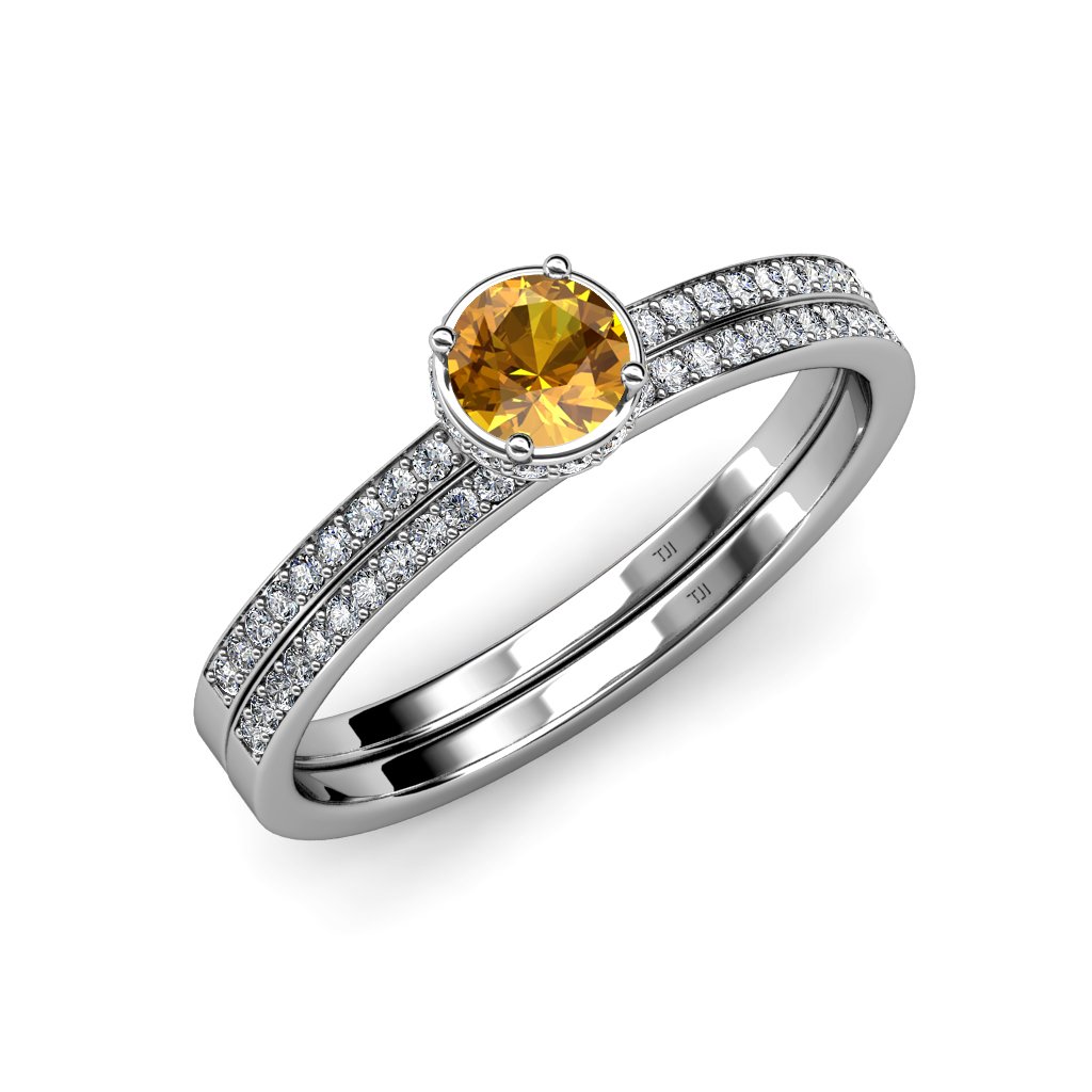 14K White Gold Citrine & Diamond Halo Engagement Ring & Wedding Band Set 0.90 ctw - Perfect for Proposals, Anniversaries & Bridal Jewelry