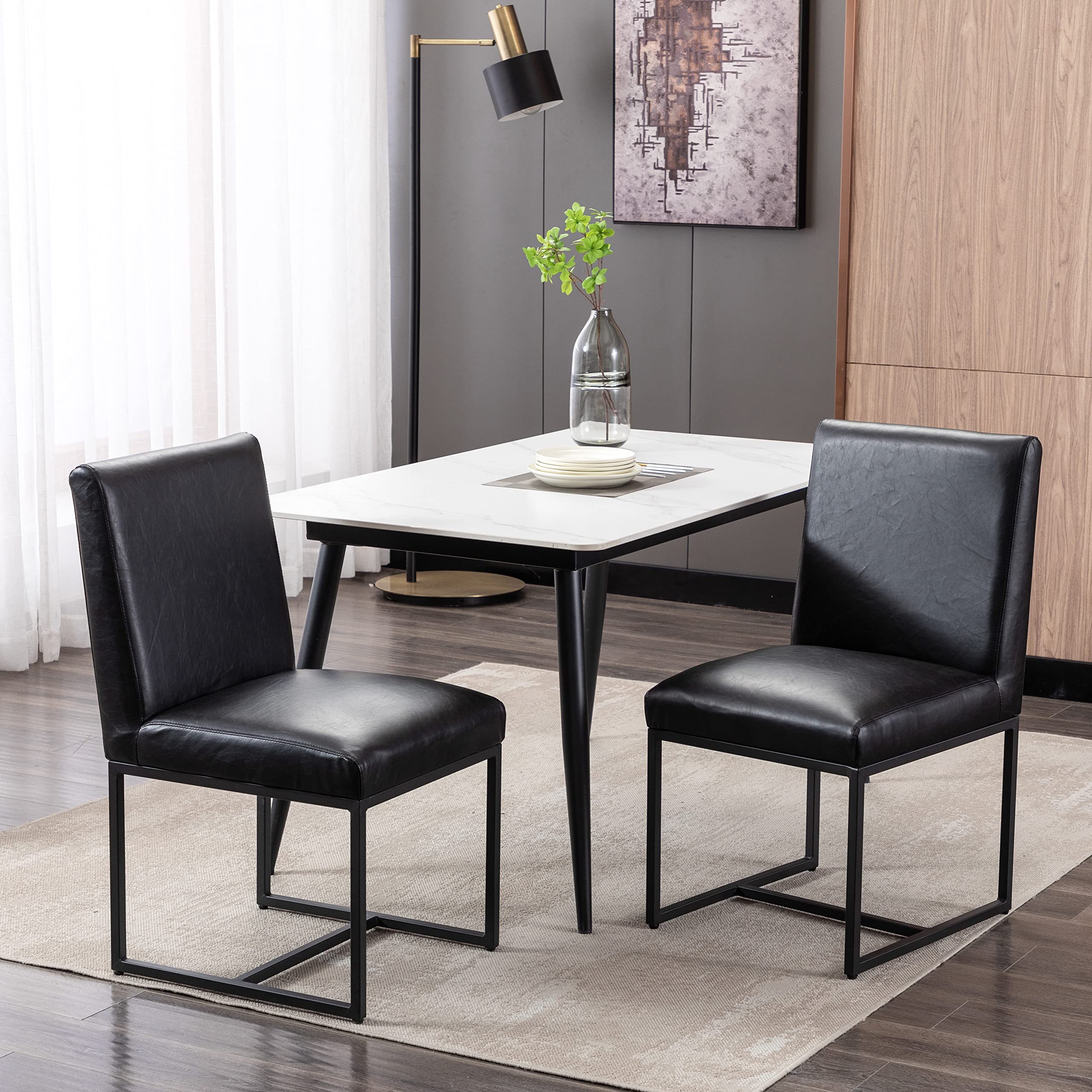 RIVOVA Set of 2 Modern Upholstered PU Leather Dining Chairs - Armless Side Chairs with Sturdy Metal Legs for Kitchen, Living Room, Office - Black (Perfect for Small Spaces & Contemporary Home Decor)