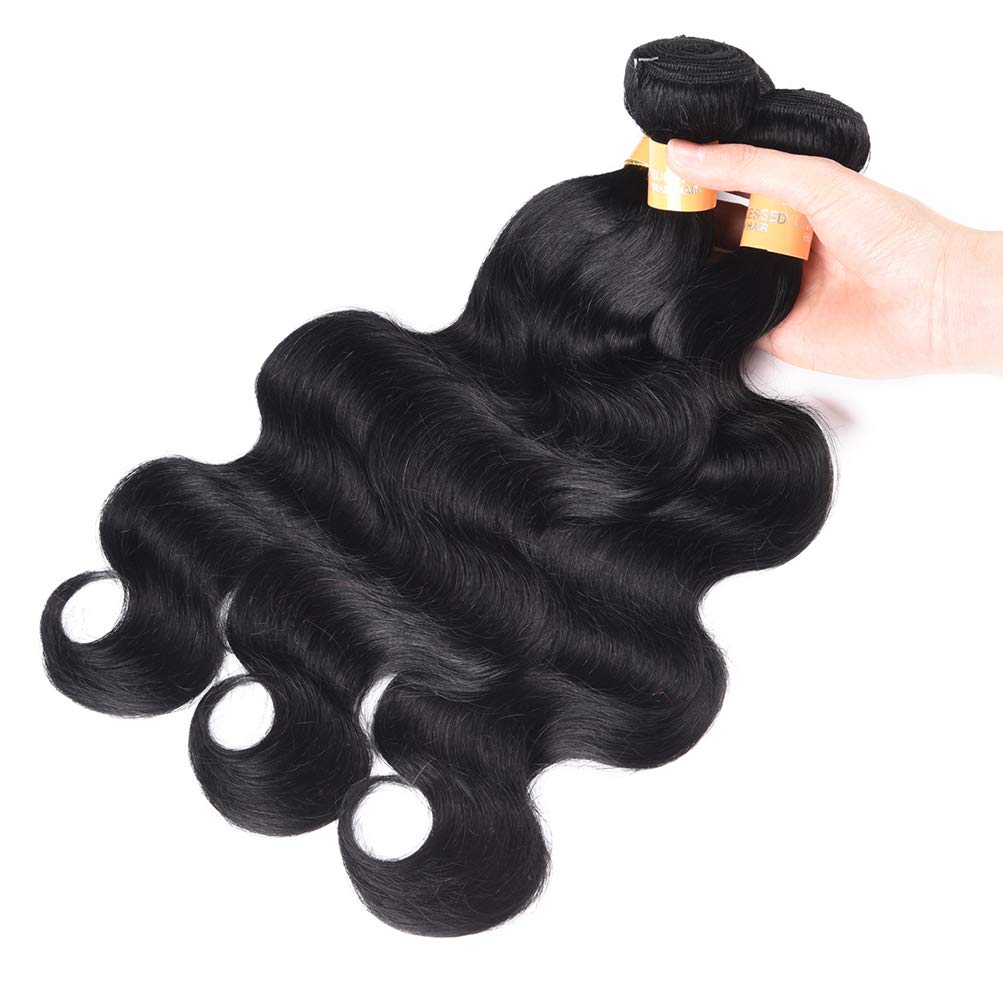 WOME Brazilian Human Hair Bundles 100% Natural Black Body Wave Hair Weaves - 3 Bundles Human Hair Extensions (16