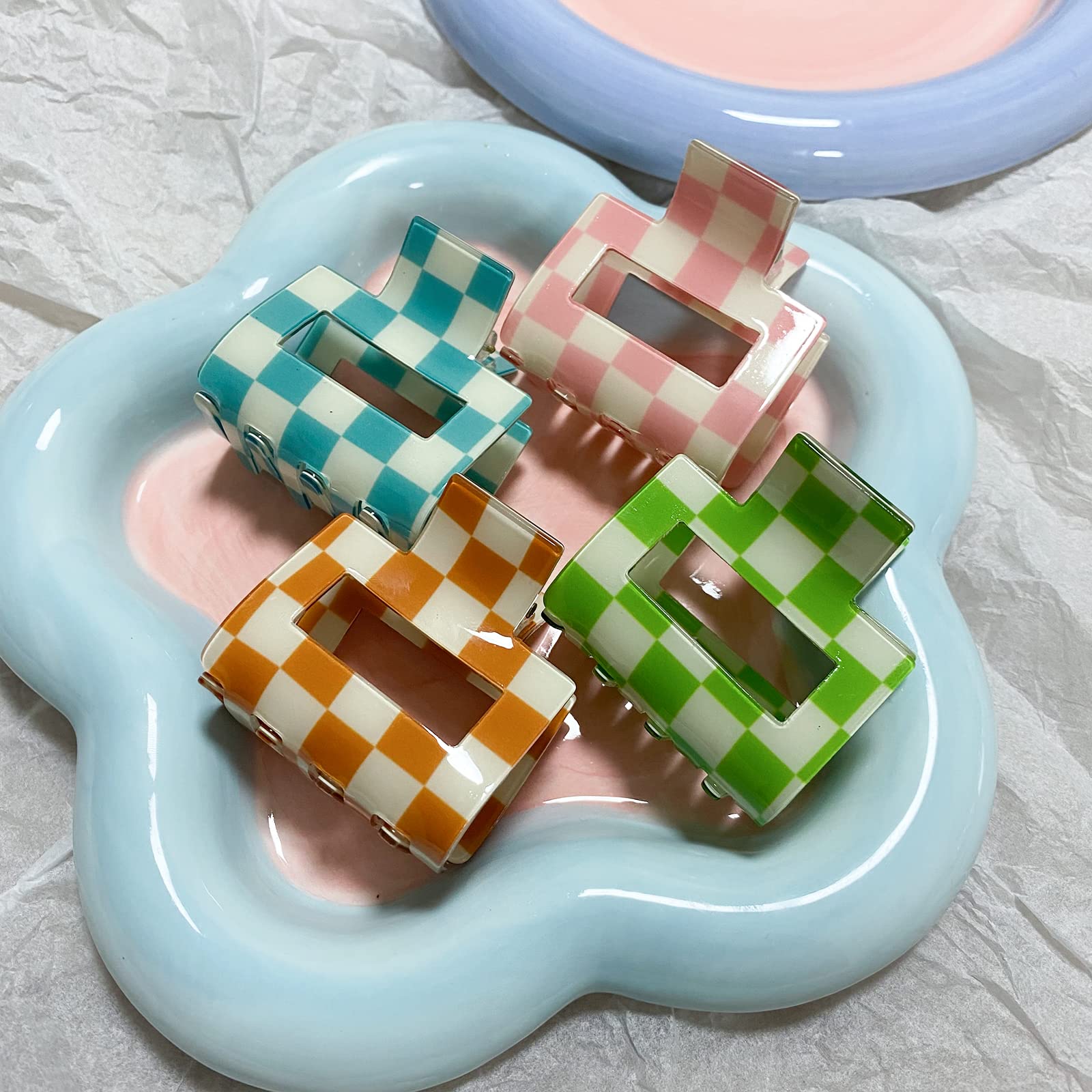 4 PCS Checkered Hair Clips for Women - Non-Slip Hair Claw Clips (1.9 x 1.9 x 1.4 inches) for Thin or Thick Hair - Y2K Aesthetic Hair Accessories Gift Set - Perfect for School, Work, Parties & Everyday Styling