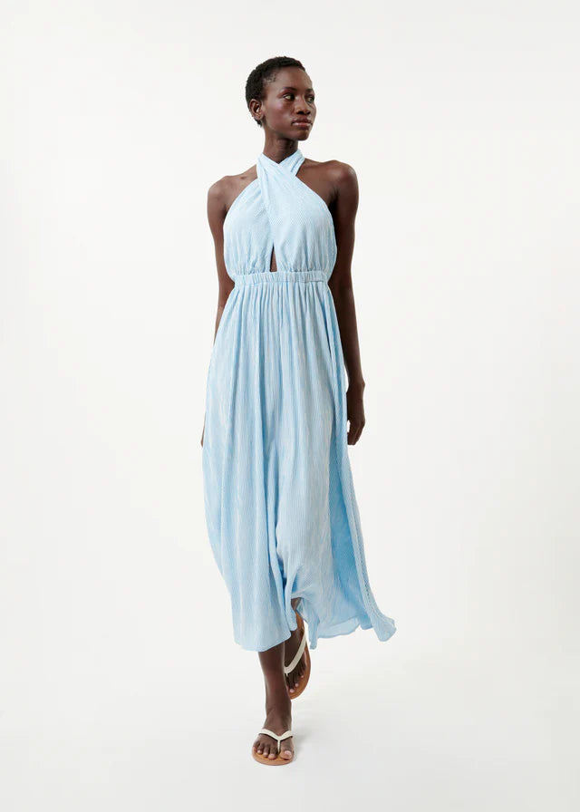 Naely Halter Neck Midi Dress - Azure Blue Summer Dress for Women, Beach Wedding Guest Dress, Vacation Outfit for Tropical Getaways