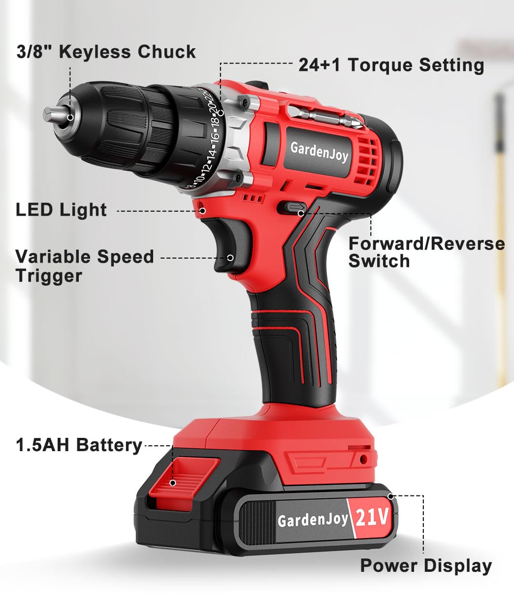 **21V Cordless Power Drill Set - GardenJoy Electric Drill Driver Kit with Battery & Fast Charger, 65pc Accessories, 2-Speed Control, 3/8