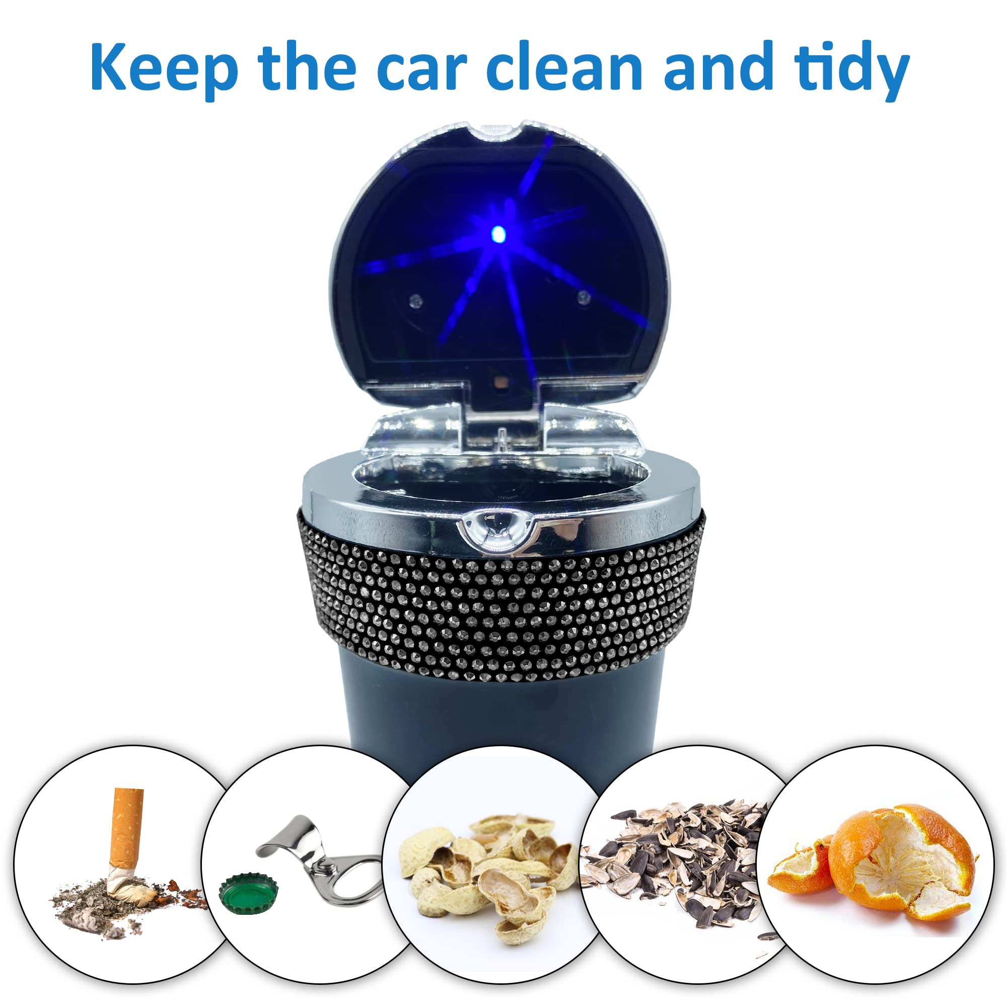Portable Smell-Proof Crystal Diamond Car Ashtray with Lid & LED Light - Auto Cigarette Ashtray for Women, Car, Home & Office - Bling Pink Car Accessories (Black) | Perfect for Travel, Road Trips & Smoke-Free Spaces