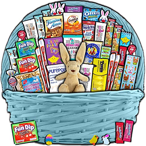 Blue Easter Basket Gift Set for Kids & Adults (40 Pieces) - Prefilled with Plush Bunny, Candy, Snacks & Treats - Perfect for Boys, Girls, Toddlers & Grandchildren - Great for Easter Celebrations, Party Favors & Holiday Gifting