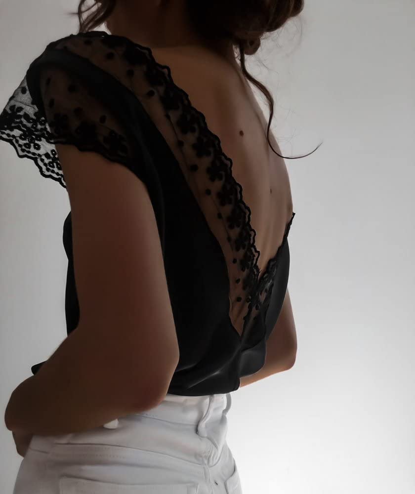 Women's Lace Sheer Short Sleeve Blouse - Elegant V-Neck Lace Trim Top with Ruffles for Casual & Dressy Occasions | Perfect for Office, Date Night & Summer Outfits
