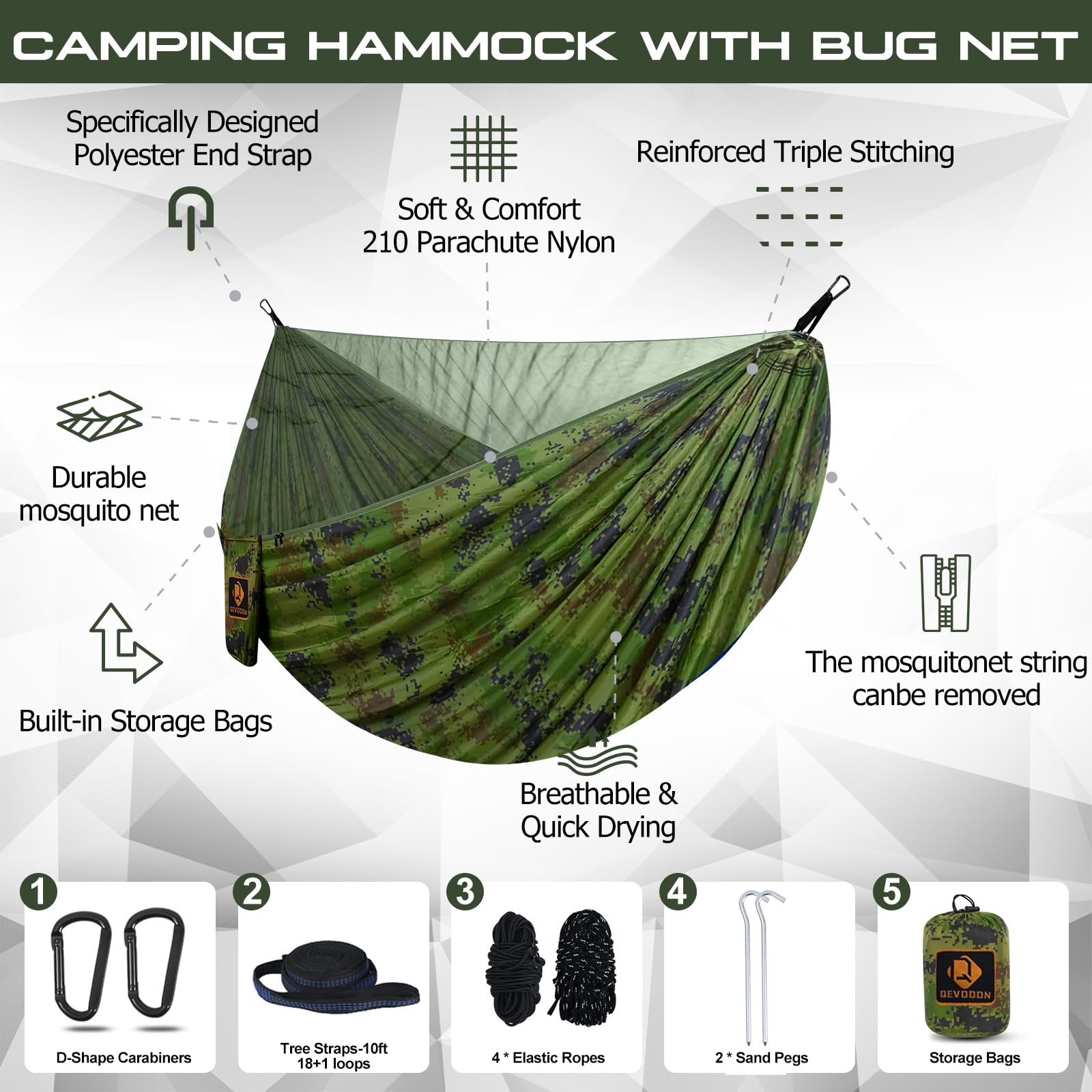 **Portable Camping Hammock with Mosquito Net - Lightweight Nylon Parachute Hammock, 10ft Tree Straps - Perfect for Travel, Hiking, Backpacking, Beach & Patio (Plaid Camouflage) - Great for Outdoor Adventures, Backyard Relaxation & Camping Trips**