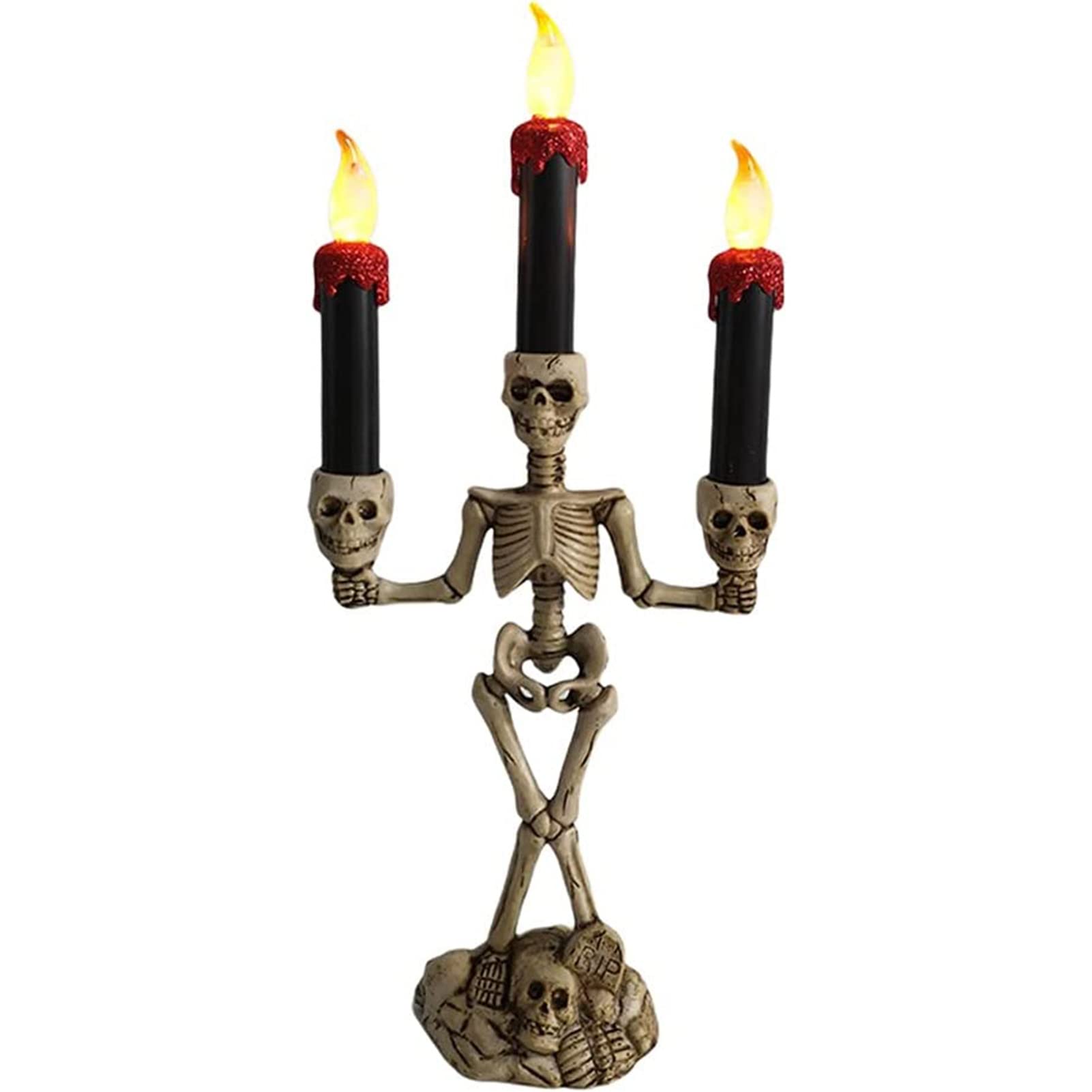 AXOIN Triple LED Halloween Skull Candle Holder - Flameless Skeleton Candle Stand for Spooky Decor, Haunted House & Gothic Party Decorations (Red) | Perfect for Halloween Parties, Haunted Houses & Themed Events
