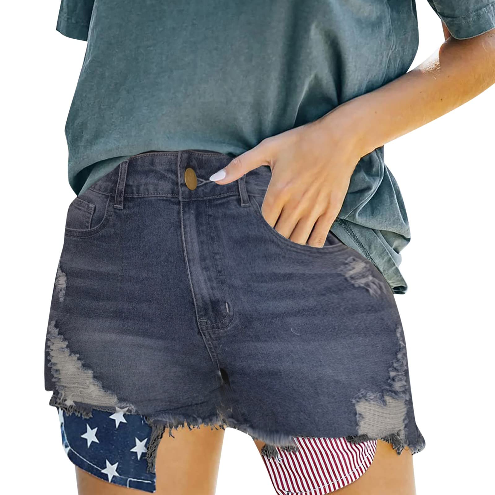 Women's Stretch Denim Shorts with Pocket Print & Flag Design - Sexy Fashion Jeans for Casual Wear, Summer Outfits & Beach Vacations