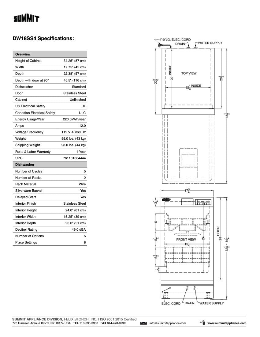 SUMMIT 18-Inch Built-In Dishwasher in Stainless Steel - Energy Efficient, Quiet Operation (DW18SS4) | Perfect for Small Kitchens, Apartments & RVs