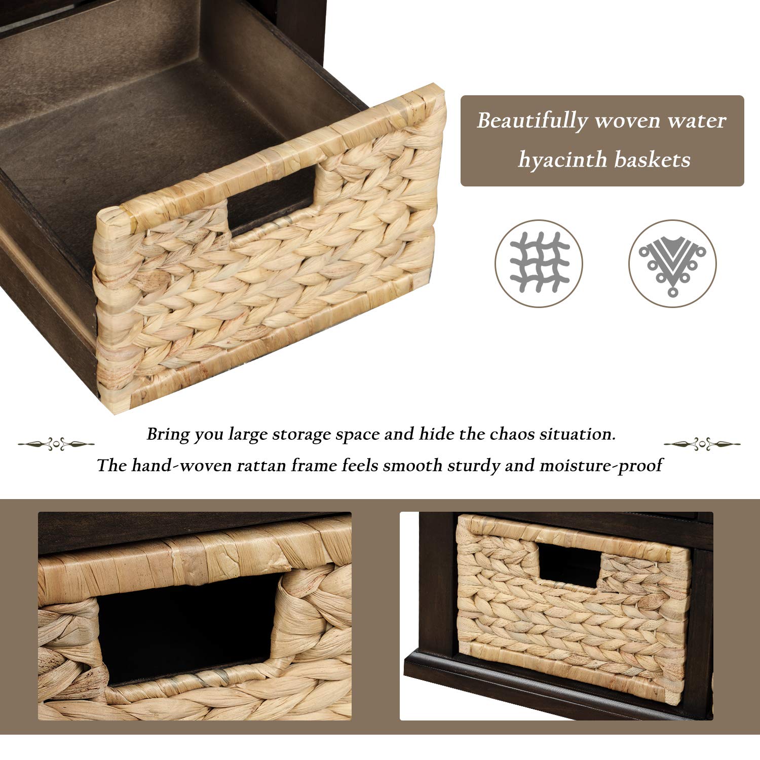 Rustic Wood Storage Bench with 3 Drawers & Baskets - Entryway, Bedroom, Living Room