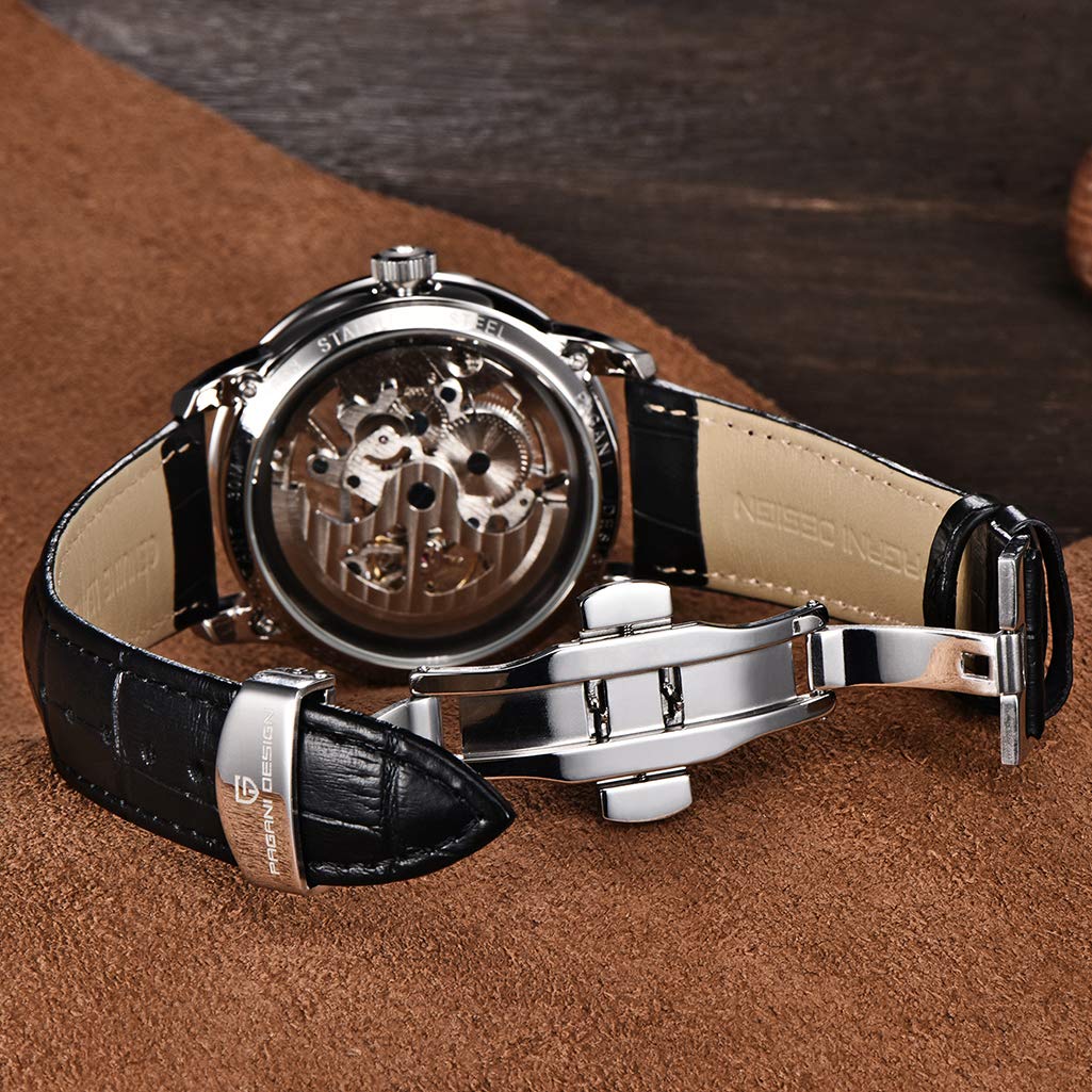 PAGANI DESIGN Automatic Skeleton Mechanical Watch for Men - Waterproof, Self-Winding, Genuine Leather Band, Stainless Steel Case - Luxury Analog Timepiece for Business & Formal Occasions