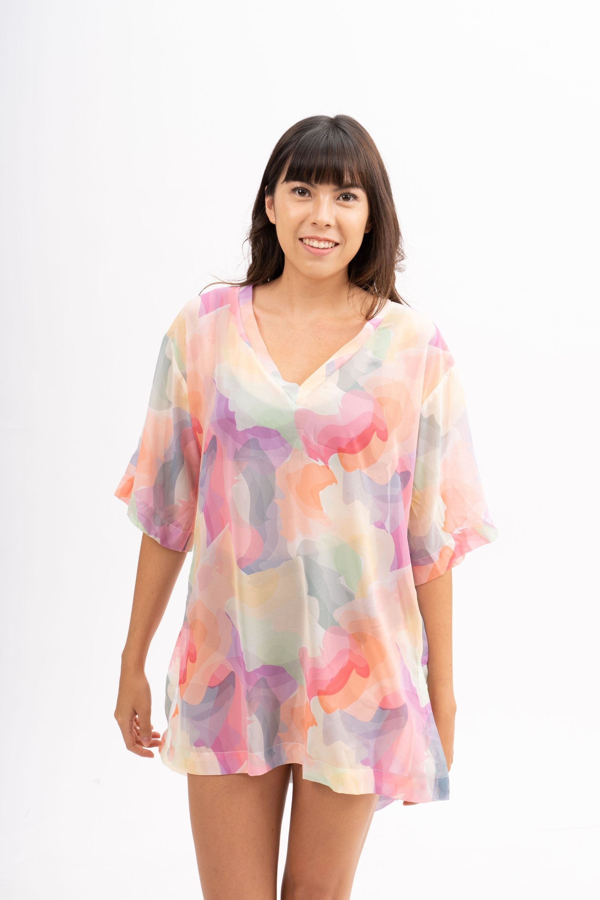 Lagos Beach Tunic - Rainbow Watercolor Print Women's Summer Cover Up | Perfect for Beach Vacations, Pool Parties & Tropical Getaways