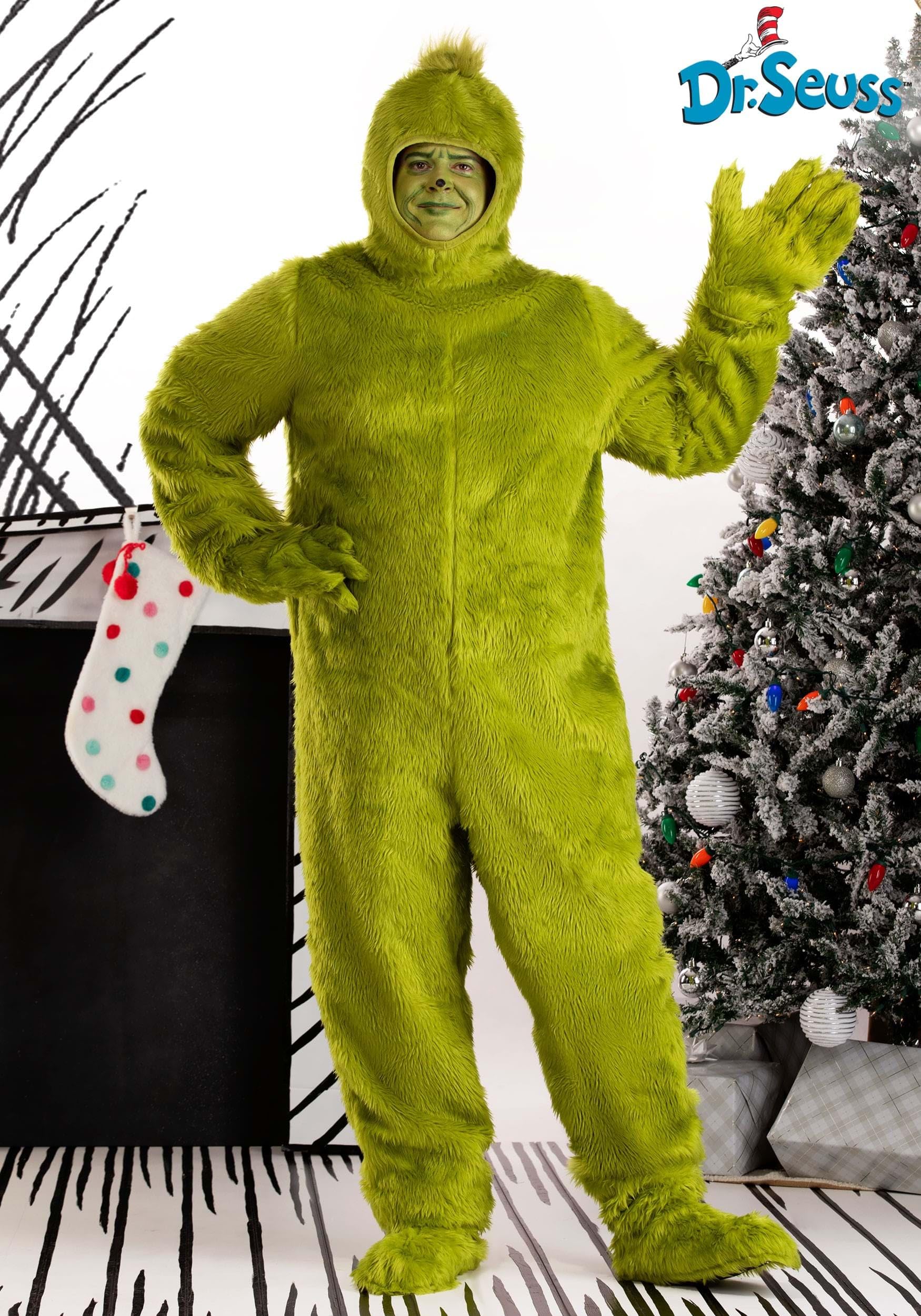 Dr. Seuss The Grinch Adult Plus Size Costume Set - Faux Fur Jumpsuit with Shoe Covers & Gloves (Officially Licensed) for Christmas Parties & Holiday Cosplay