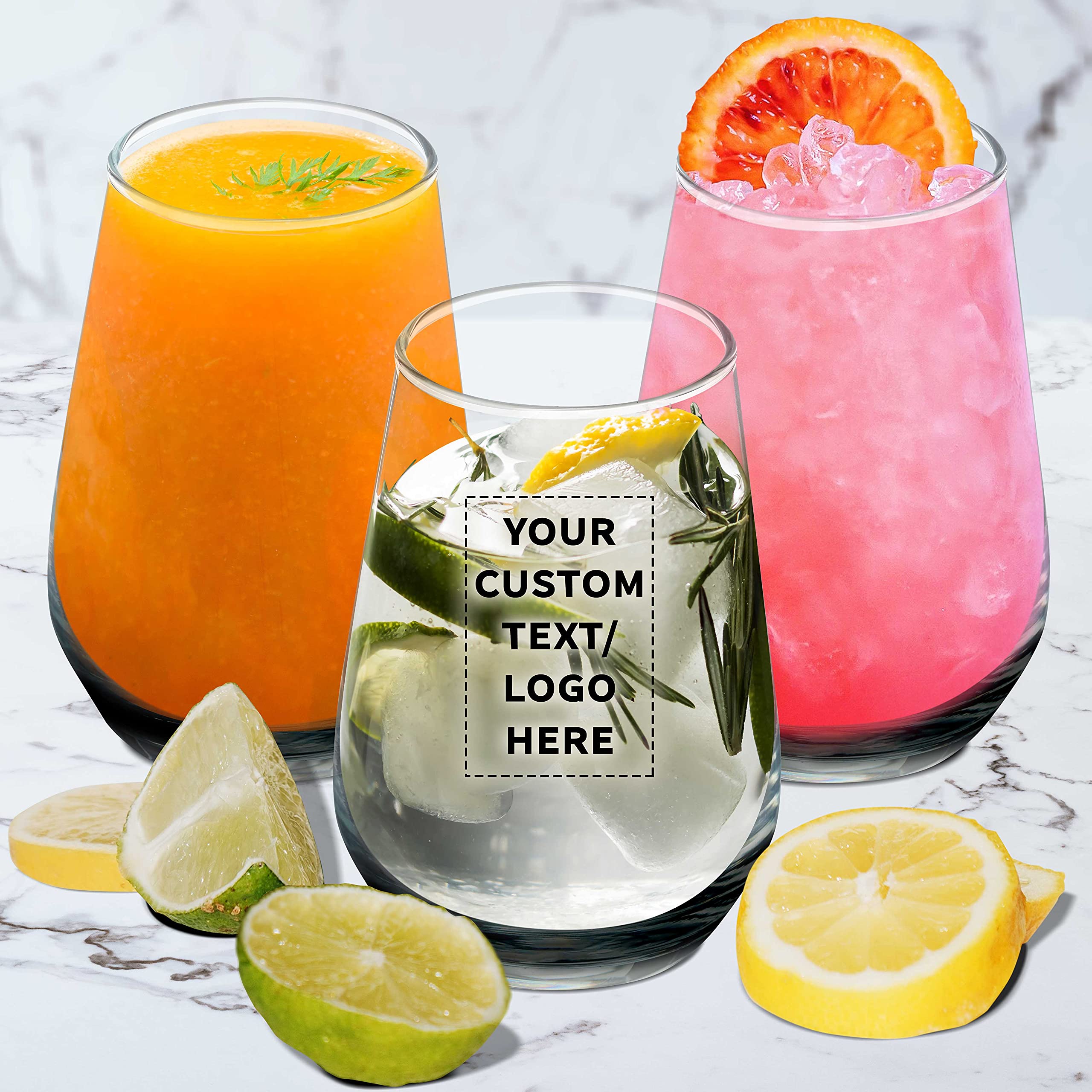 50-Pack 16 oz Stemless Wine Glasses with Thick Base - Clear Orb-Like Silica Glass - Custom Text & Logo Engraving - Perfect for Weddings, Parties & Corporate Events - Bulk Barware Set